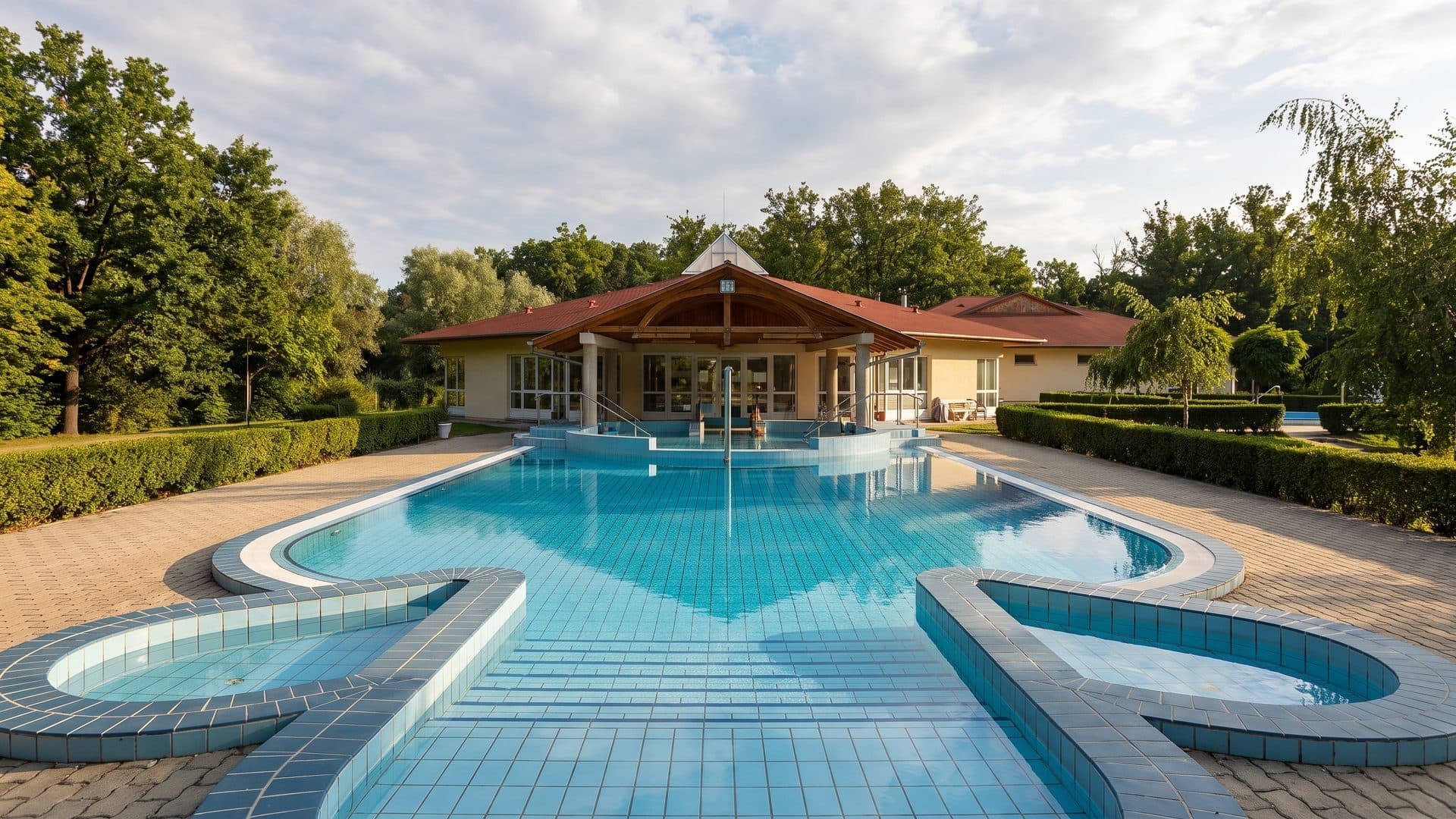 The outdoor pool of the Kastelypark baths in front of its red-roofed pavilion