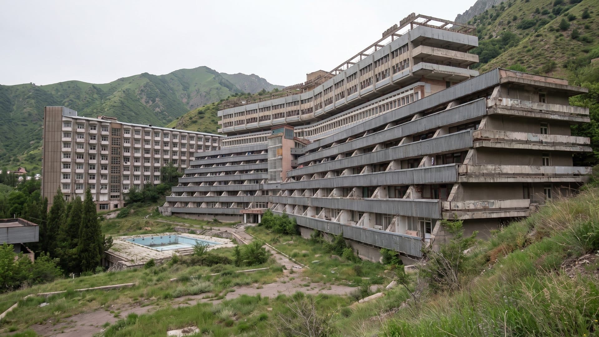 The long stepped sanatorium block at Khoja Obi Garm on its mountain slope