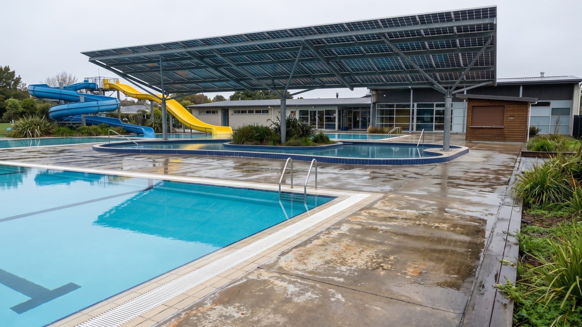 Outdoor pools on a wide paved deck, with blue and yellow slides under a solar-panel canopy