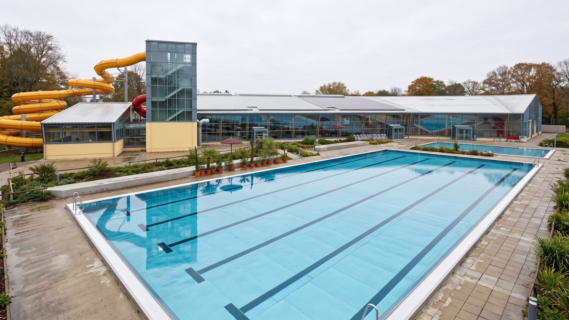 The outdoor lane pool of the Konigsbad Forchheim beside the glazed hall, a slide tower and orange tubes