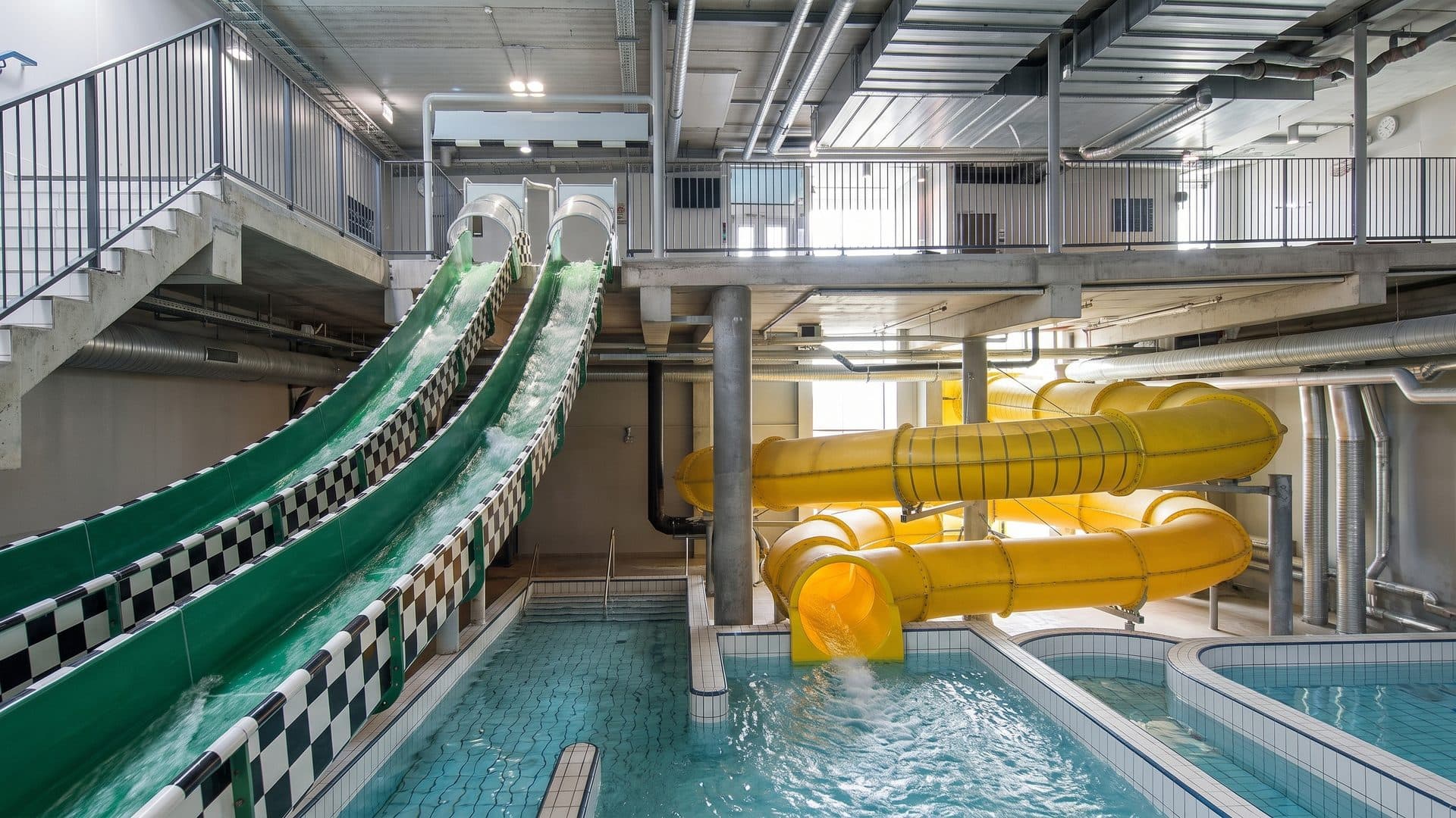 The green slide tubes of Kokpunkten above the pools in the converted hall