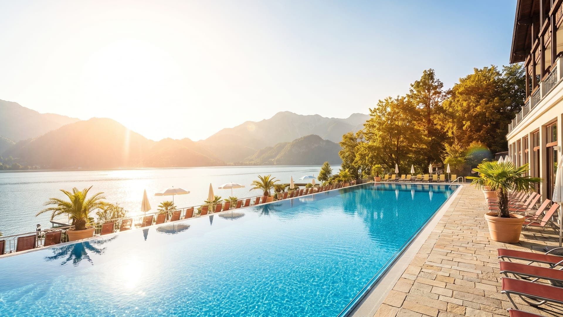 The outdoor pool at Kristall Therme Trimini in Kochel am See, at the lakeshore with the Bavarian Alps beyond.