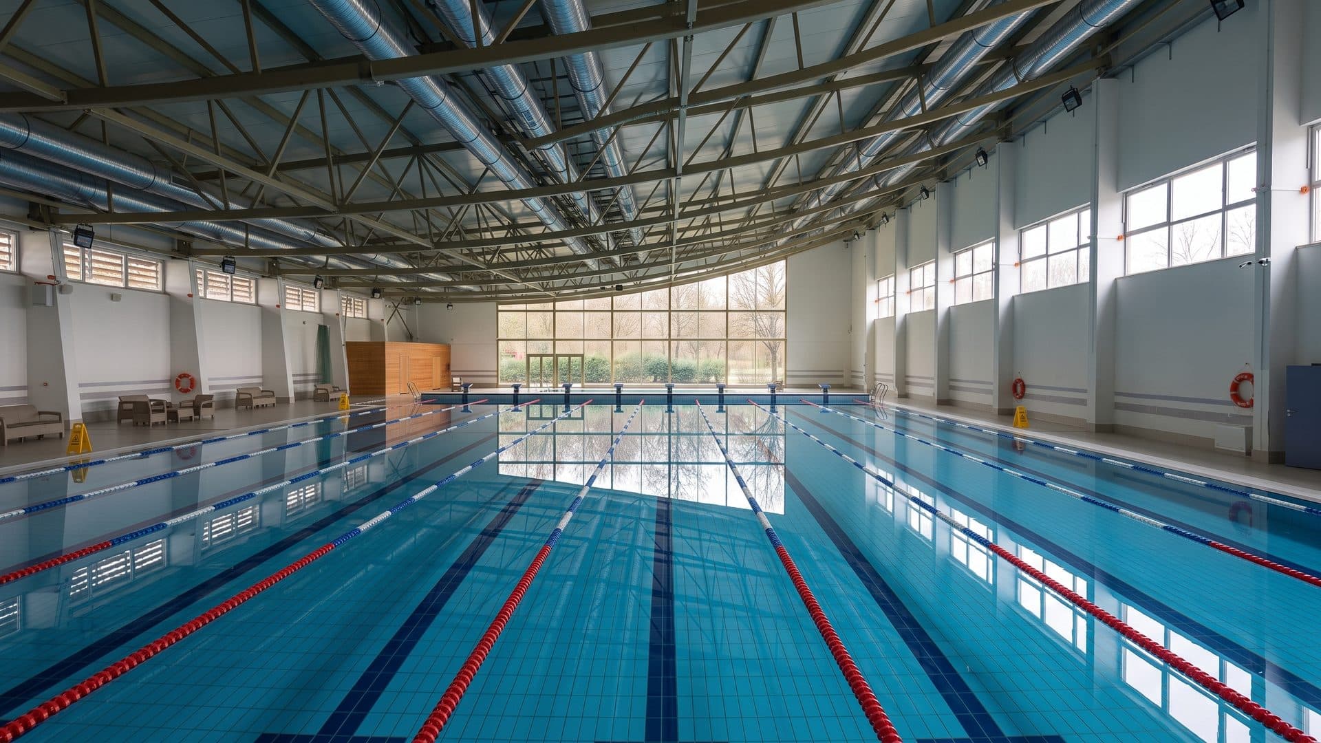 The indoor pool of the Kristalyfurdo seen down its length beside the tall windows