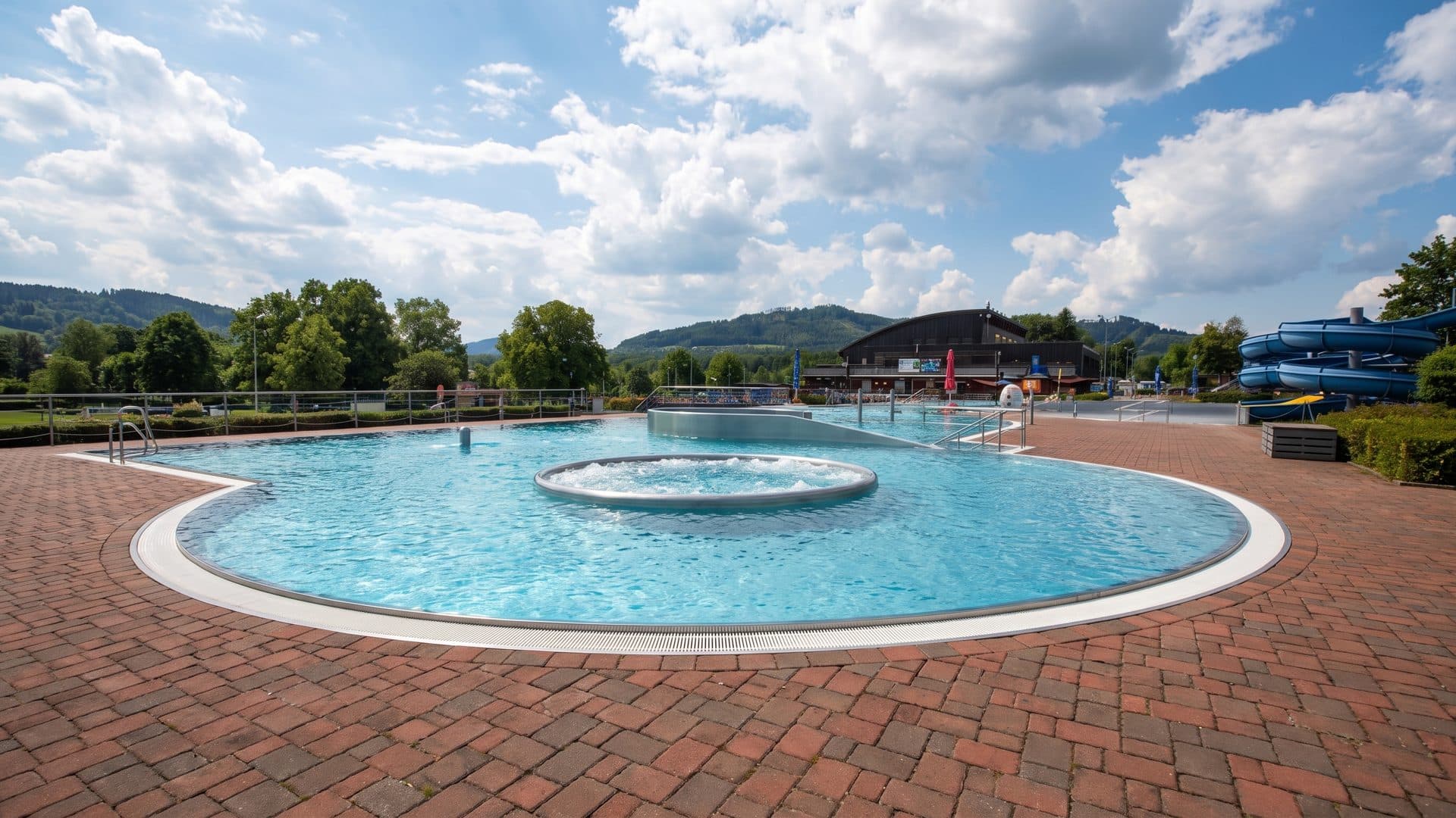 The outdoor pool of the Olesno water park with its round bubbling basin on the brick deck below the hills