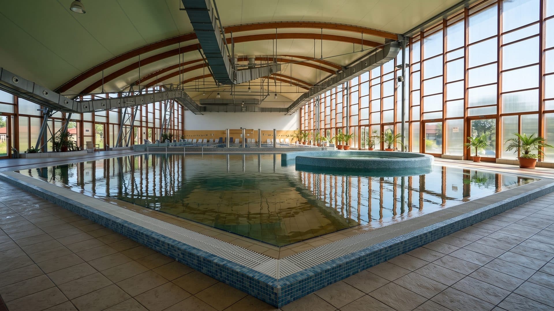 The thermal pool of the Kumánia baths under the curved roof of its glazed hall
