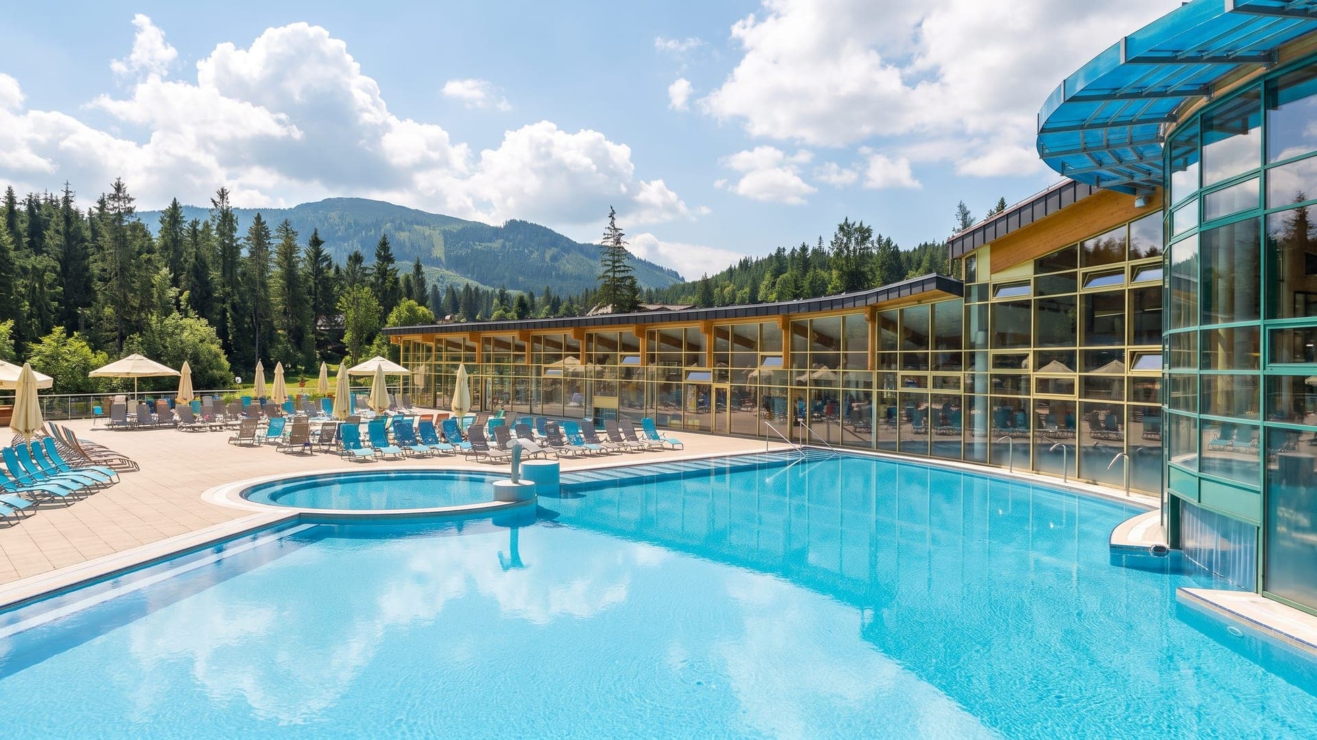 The outdoor thermal pool at the Oravice baths beside the curved glass building, with the forested Tatra foothills behind.