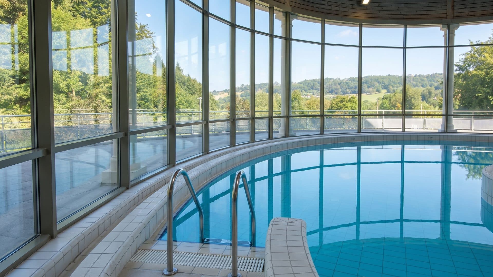 The indoor pool of l'Edenvik behind its curved glass wall above the wooded hills