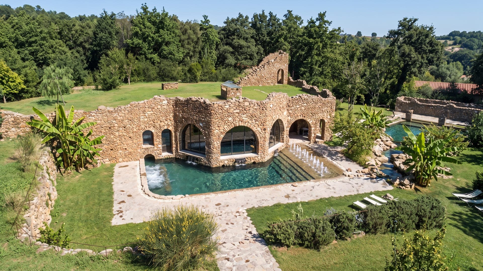 Stone ruin walls enclosing a rectangular pool in a wooded valley