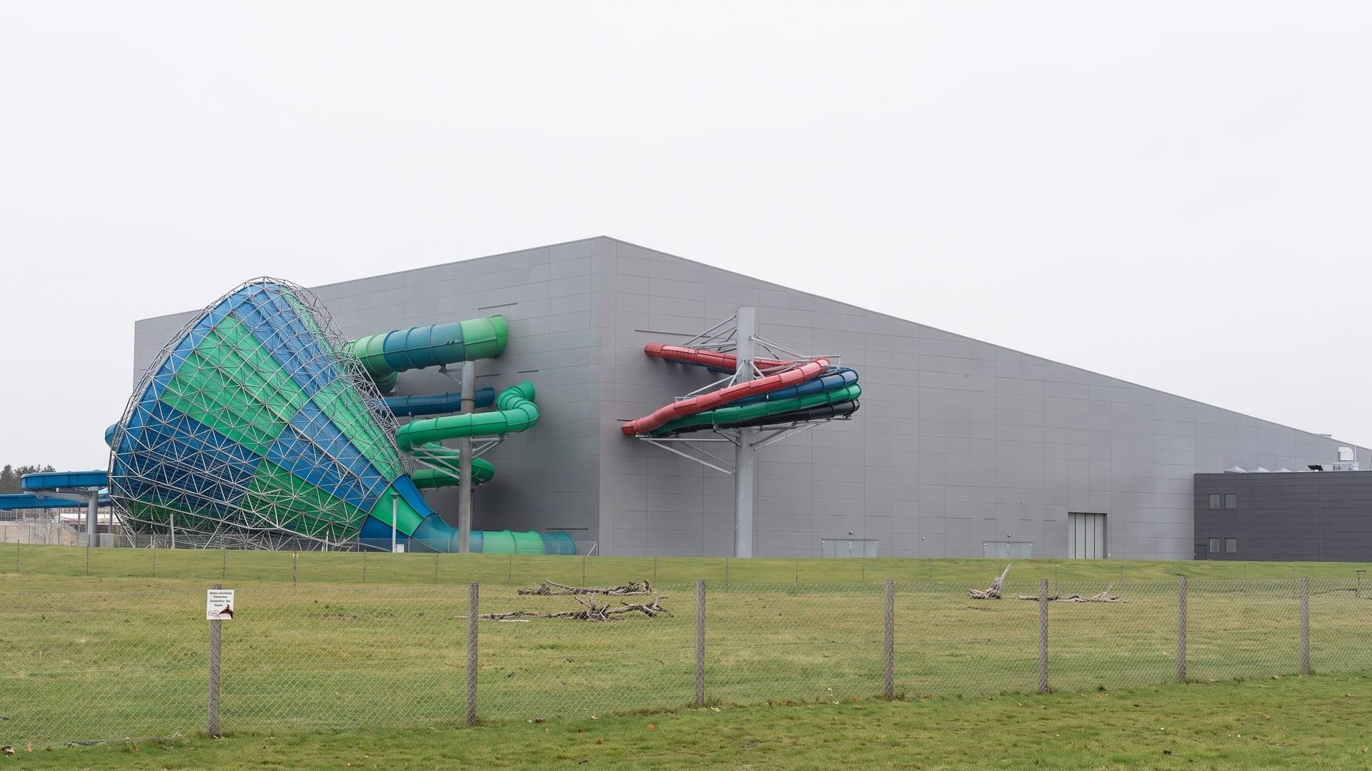 The coloured front of Lalandia in Billund across its forecourt