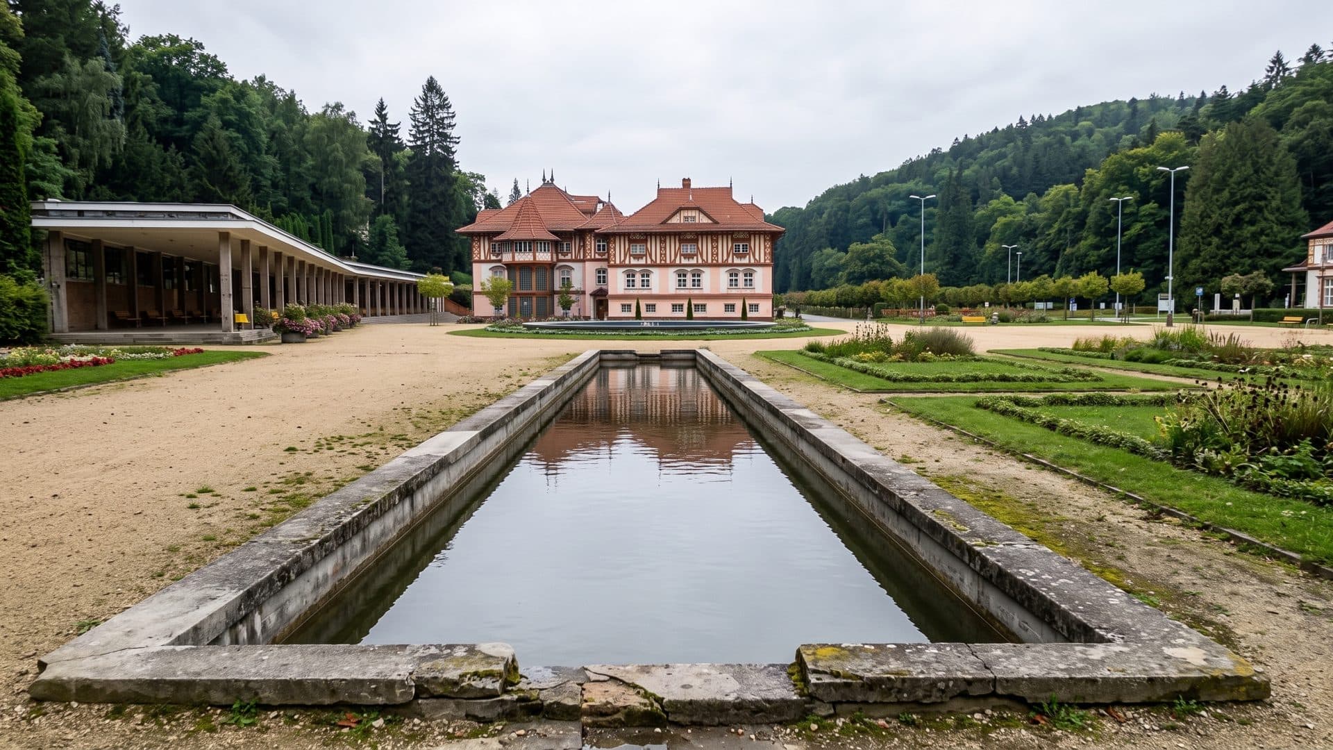 The spa house in its park, a long reflecting basin leading up to the colonnade and the wooded hills behind.