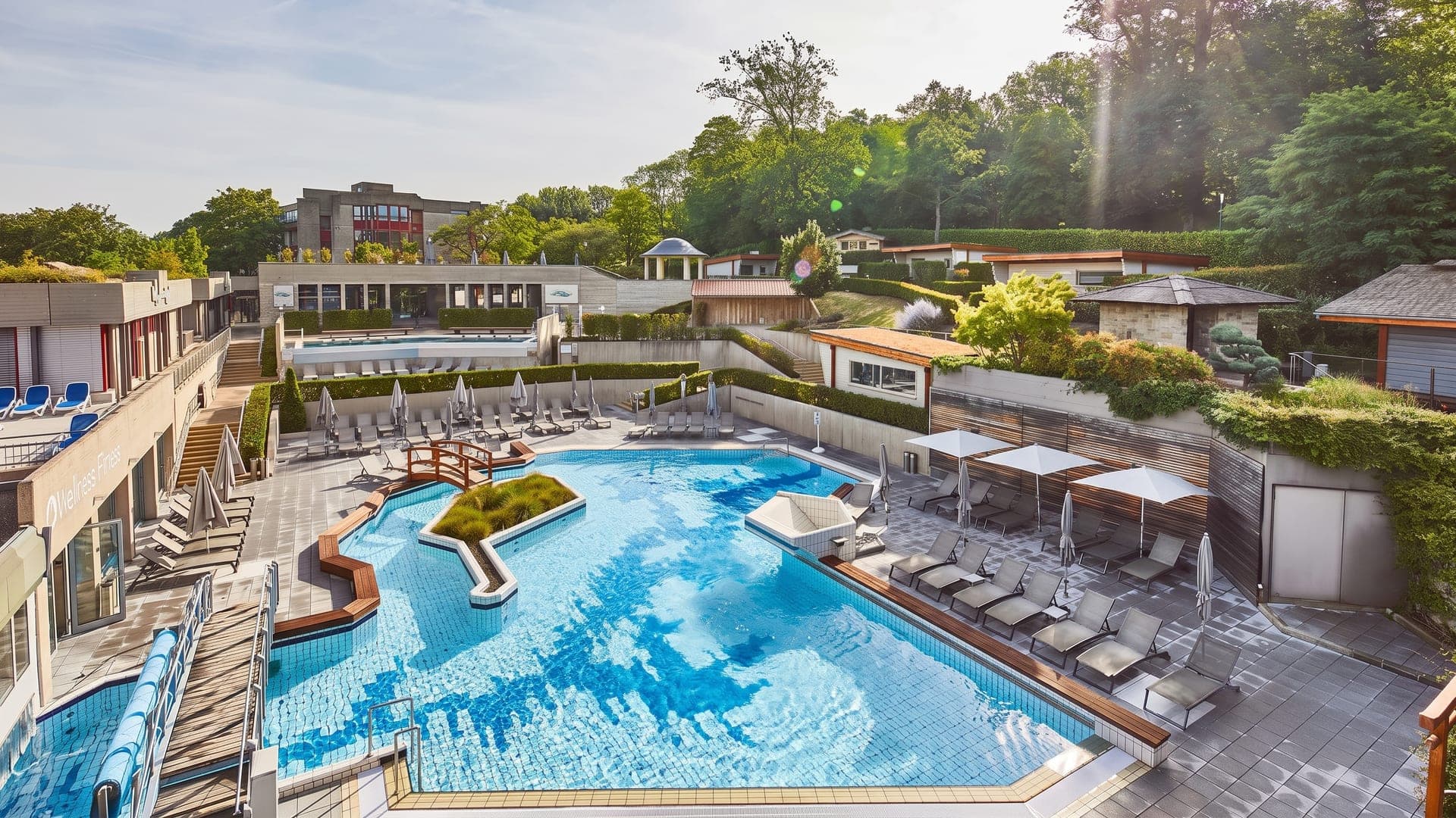 The outdoor pool terraces at Les Thermes in Mondorf-les-Bains, set in the park in low evening light.
