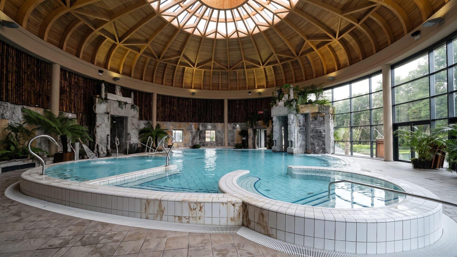 Round indoor pools of the Jardin des Bains in Argeles-Gazost under a gilded timber dome with stone waterfalls