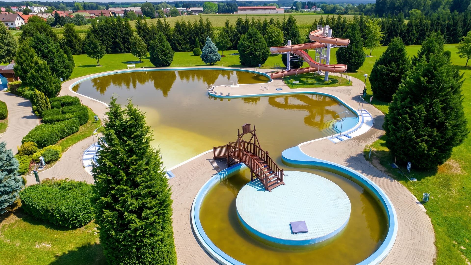 The Lenti thermal bath seen from the air, its outdoor pools and waterslides set among lawns and conifers.