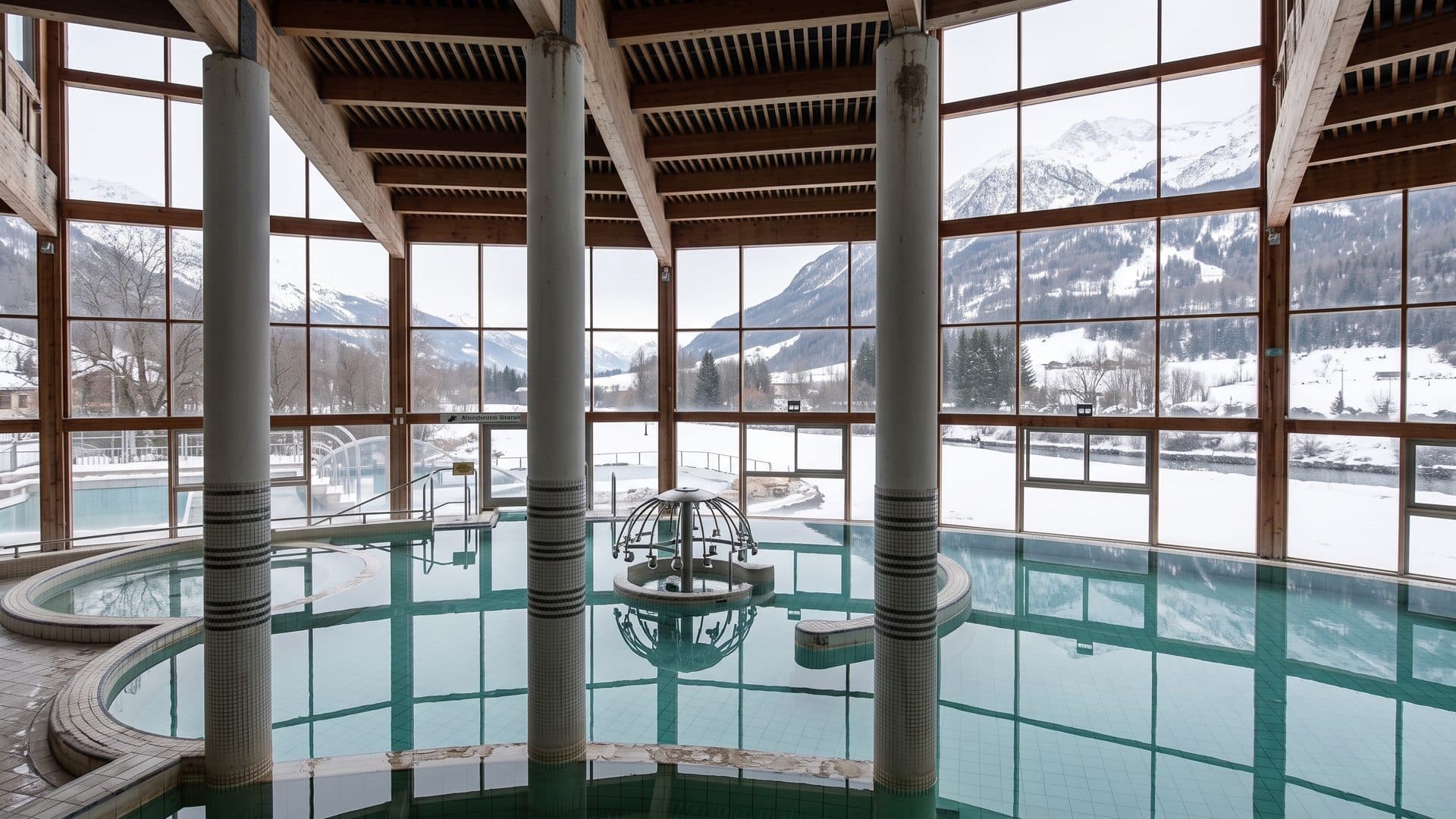 The indoor pool of Les Grands Bains d'Heremence between striped columns, snowy mountains through the glass