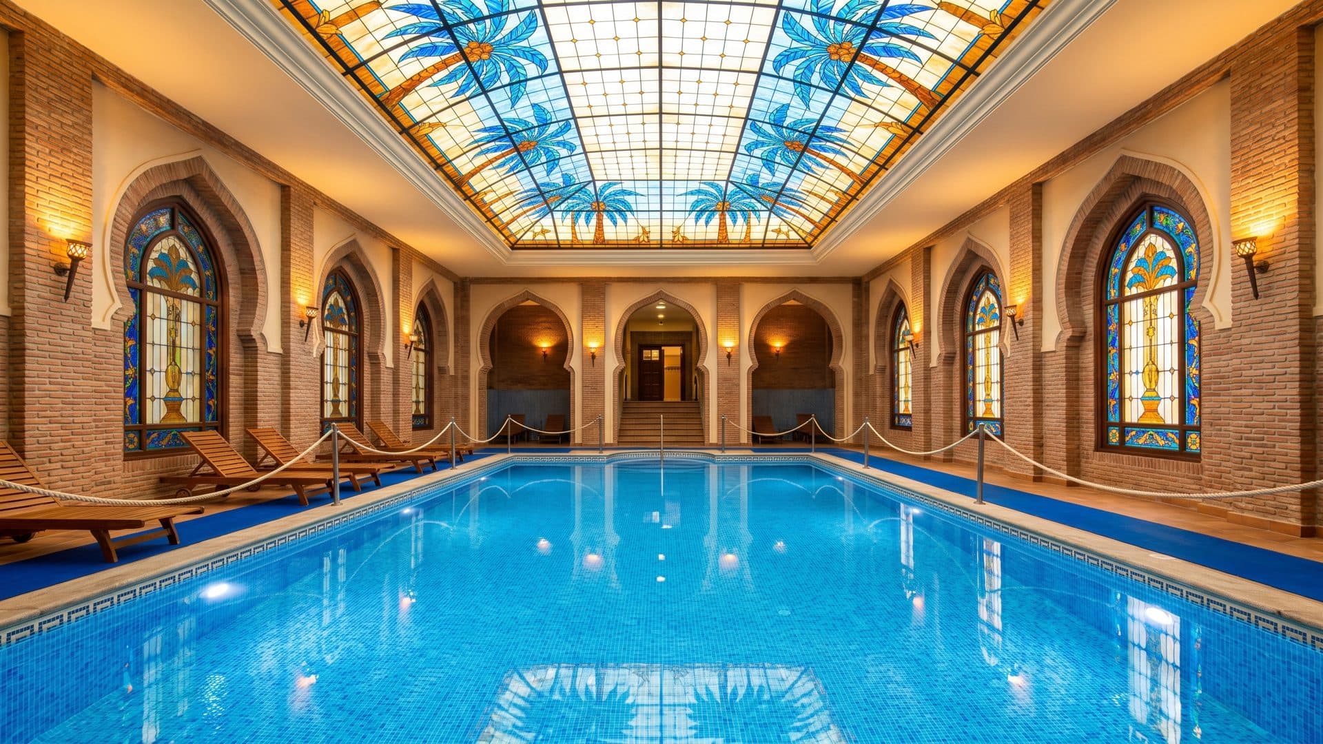 The pool of Les Thermes du Sultan under its stained-glass ceiling between the arched niches