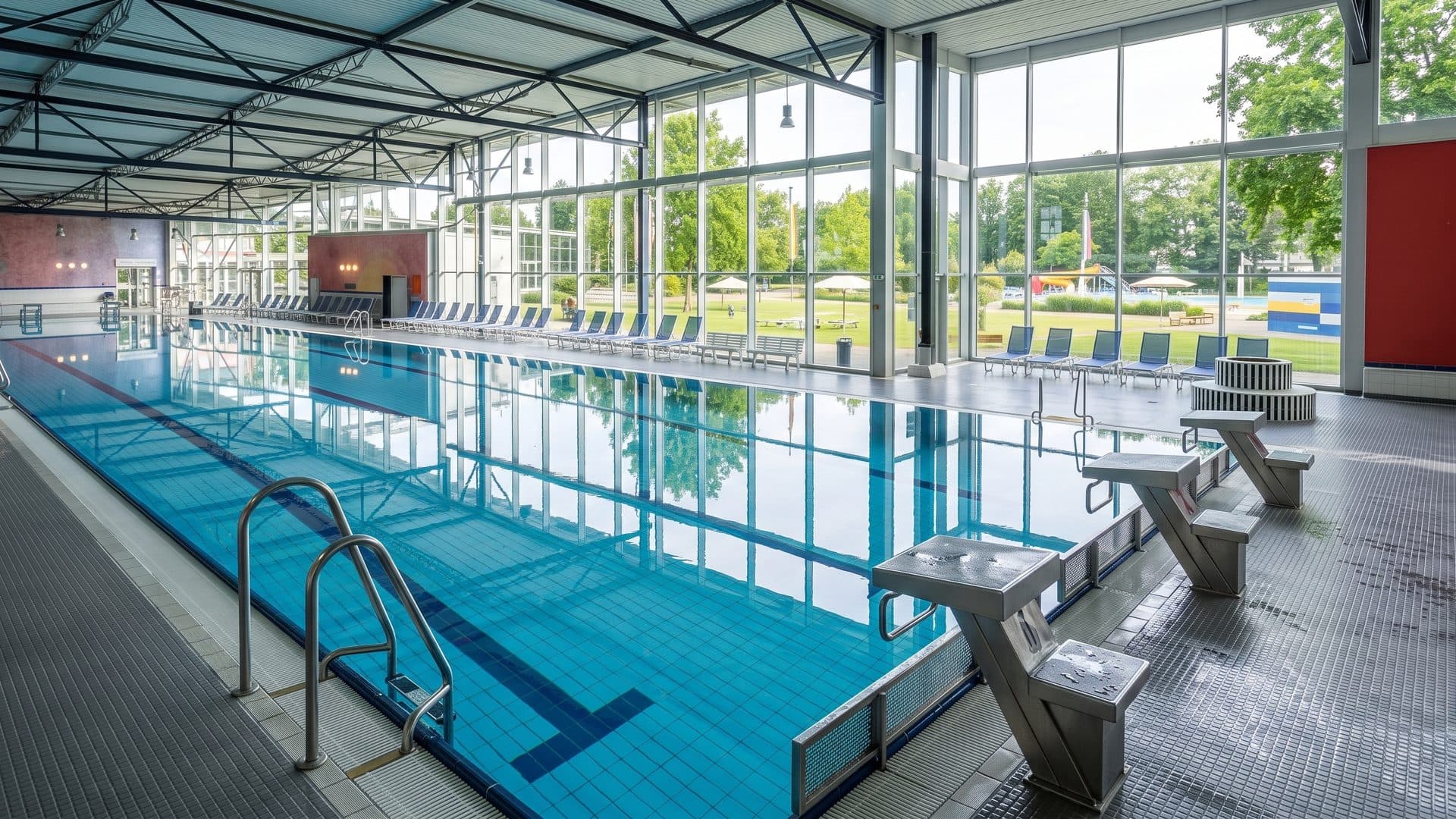 Indoor swimming pool with starting blocks, tall windows along the side and the lawn beyond.