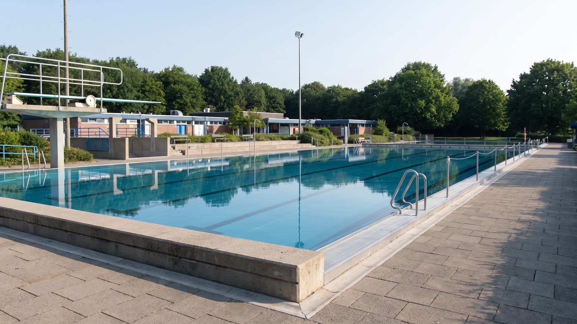 The empty outdoor pool of the Lister-Bad with the bath buildings and trees behind