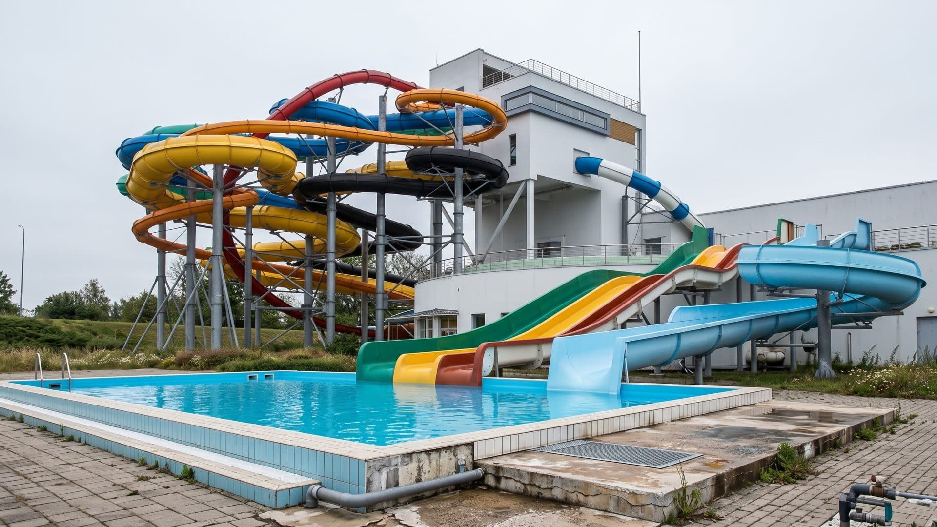 The tower of coloured slides at Livu Akvaparks in Jurmala running down into an outdoor pool
