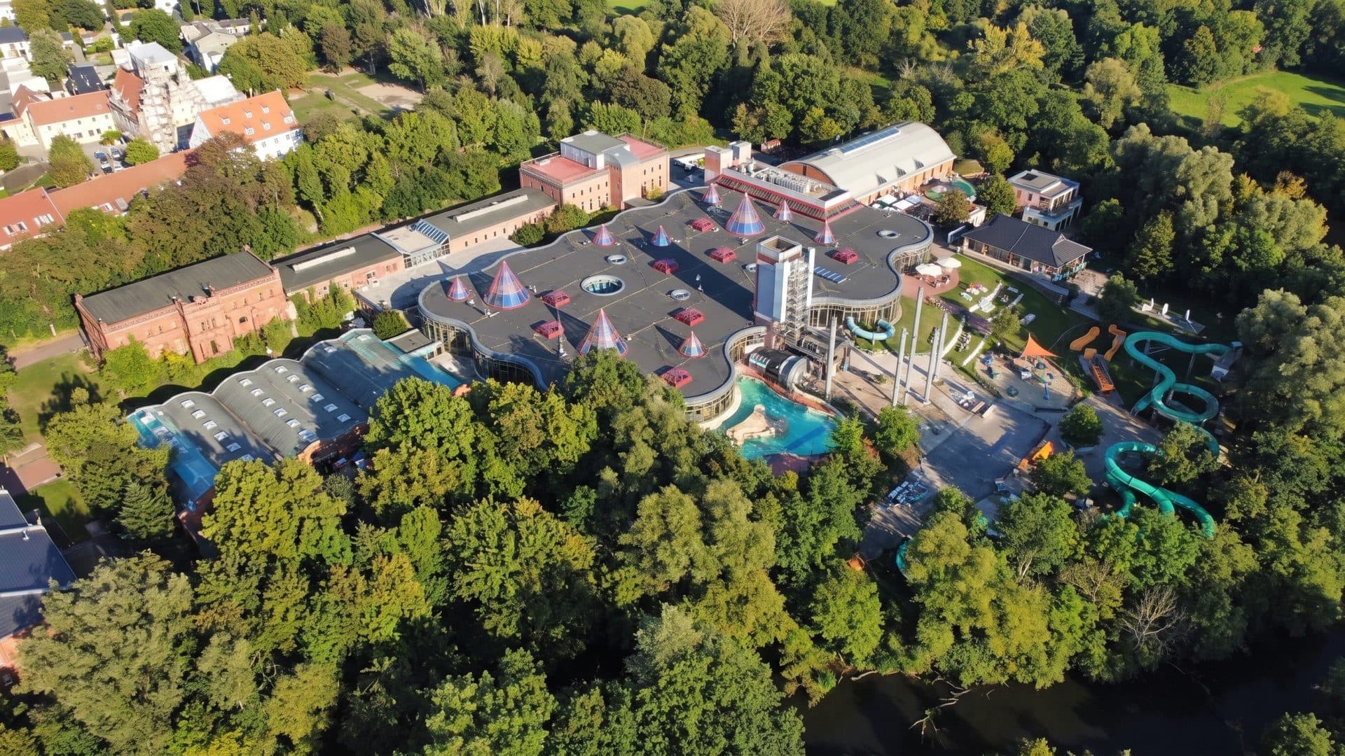 Maya Mare from the air with its slides and buildings among the woods