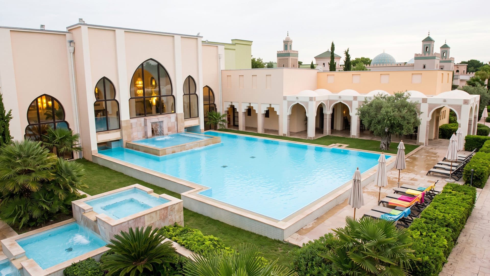 Outdoor pool in the courtyard of the arcaded bath house, lit windows along the colonnade.