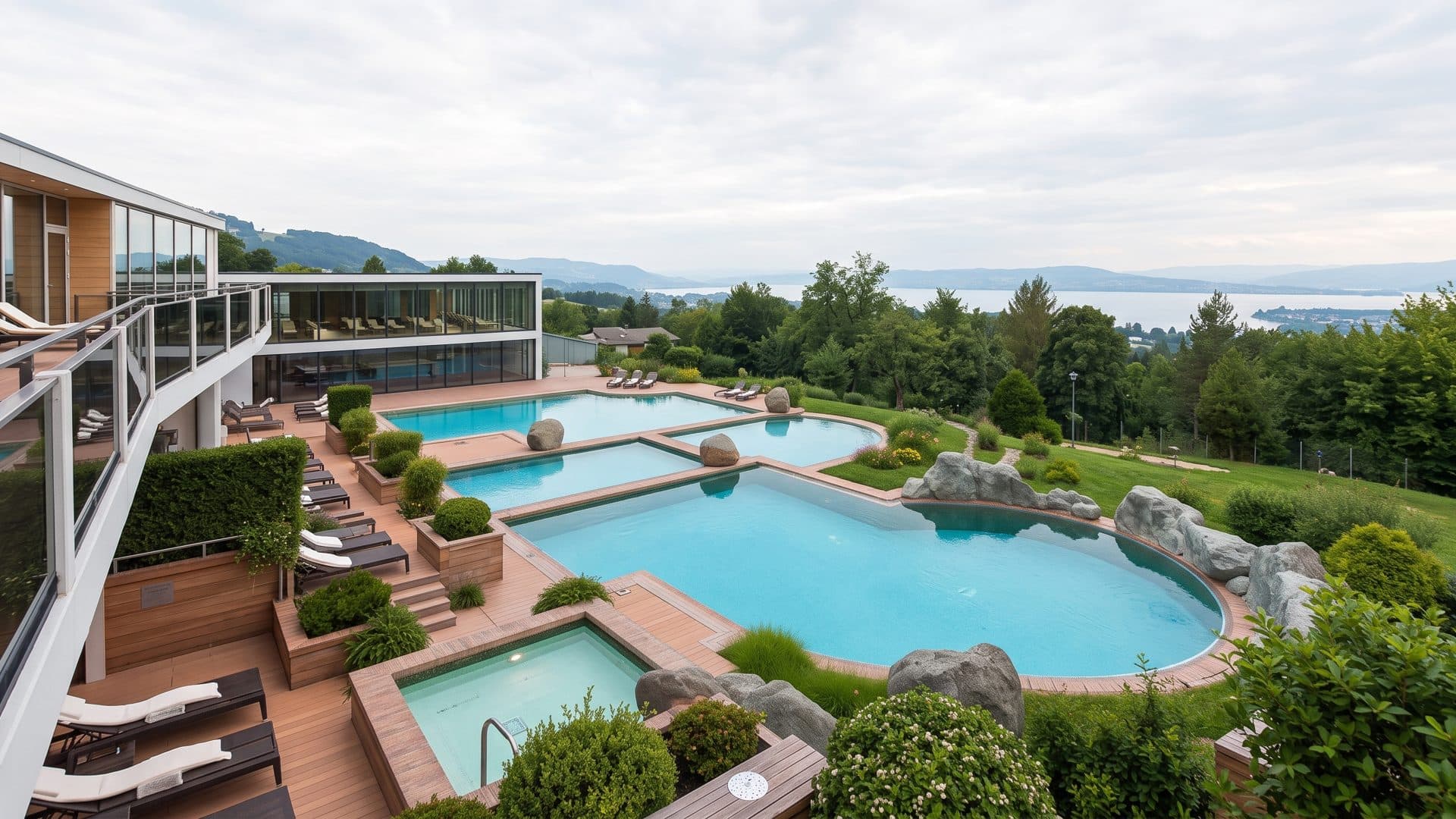 Terraced outdoor pools of the baths above the lake, with the wooden decks and the glazed building behind.