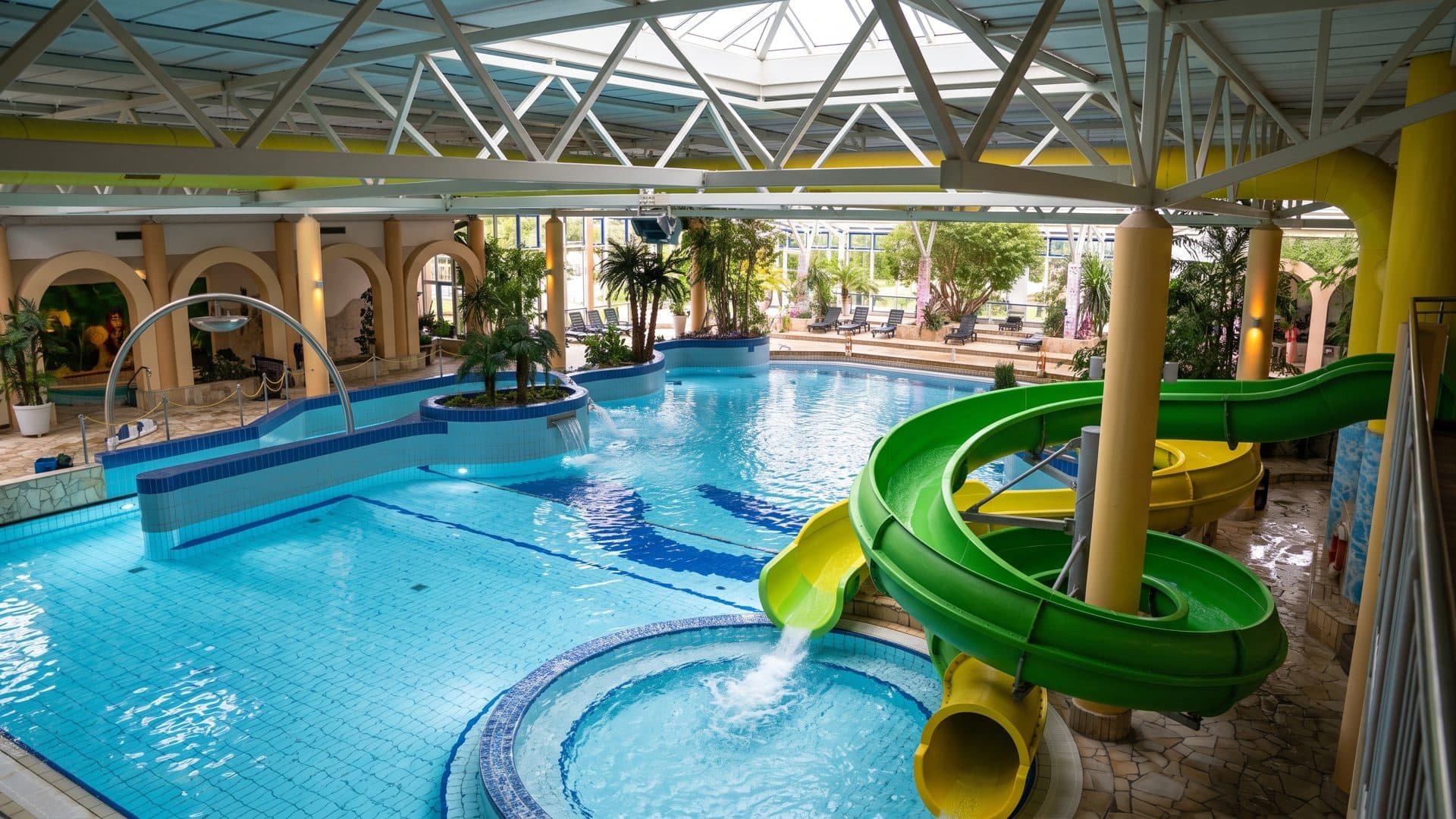 Indoor leisure pool with palm planting and a green tube slide beside the water.