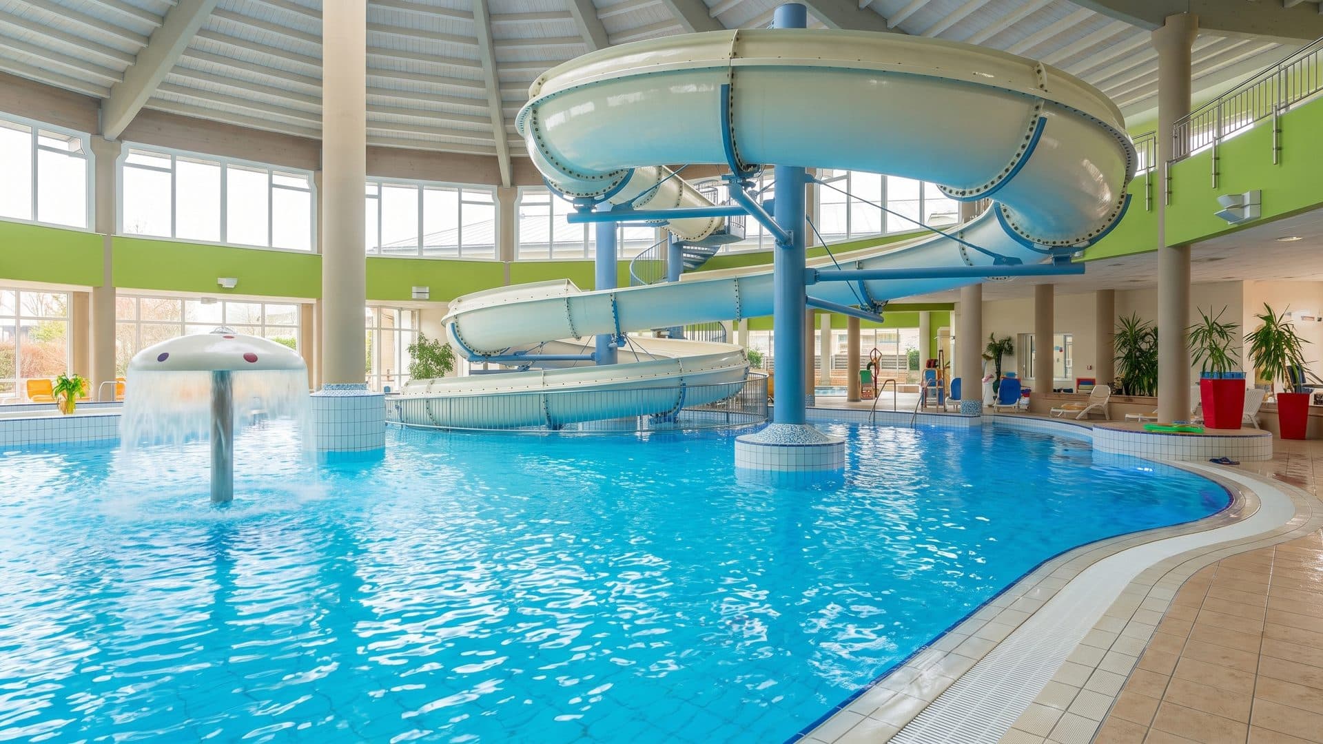 The pool of the Müritz Therme under the white slide curving through its hall
