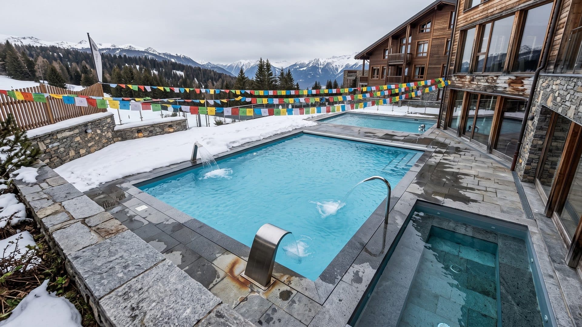 The outdoor pool of Nama Springs with water spouts on a stone terrace, prayer flags and snowy peaks above