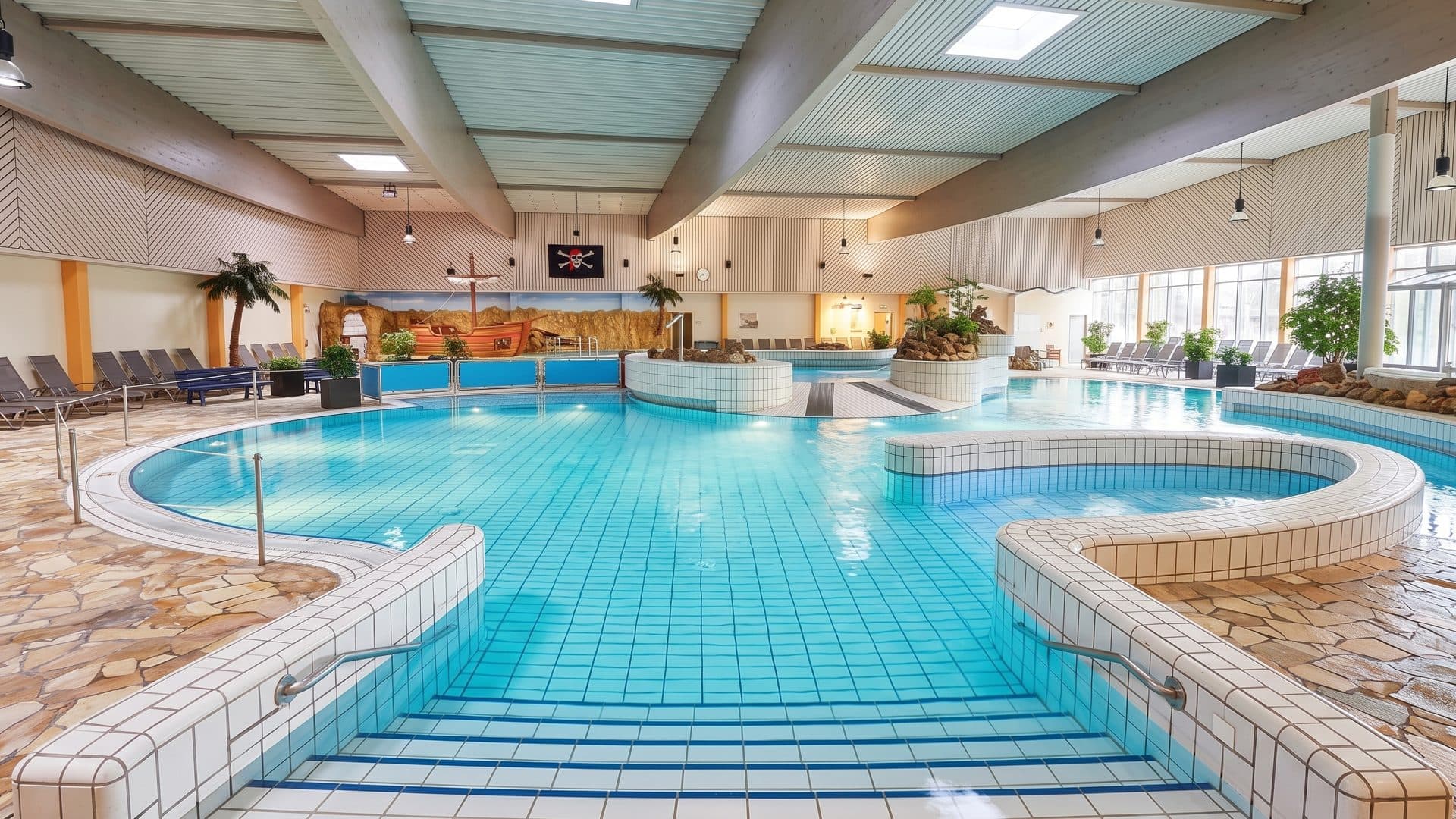 Indoor leisure pool with its curved basin and shallow steps, under a wooden ceiling.