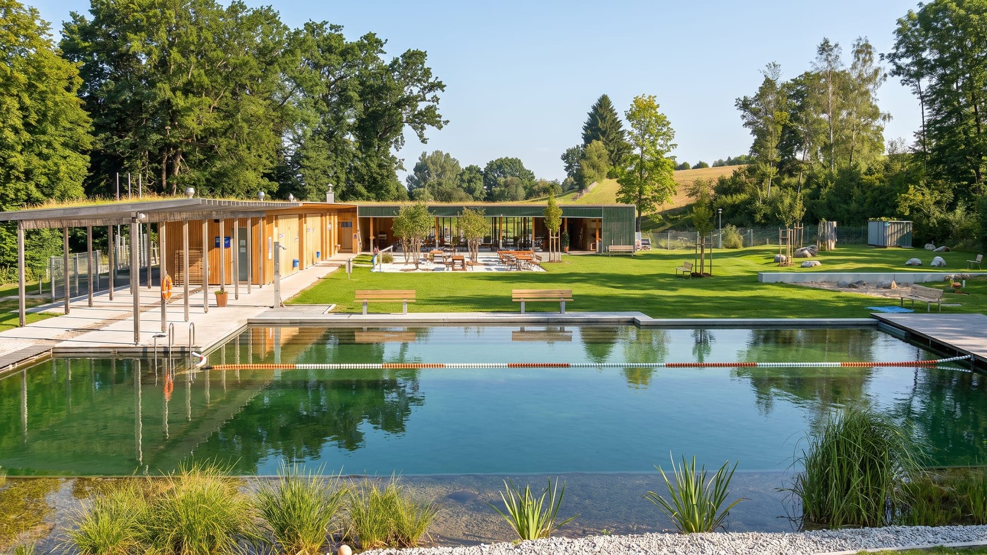 The natural swimming pond at Naturtherme Bedernau, its green water in front of a low green-roofed timber building, with reeds along the edge.