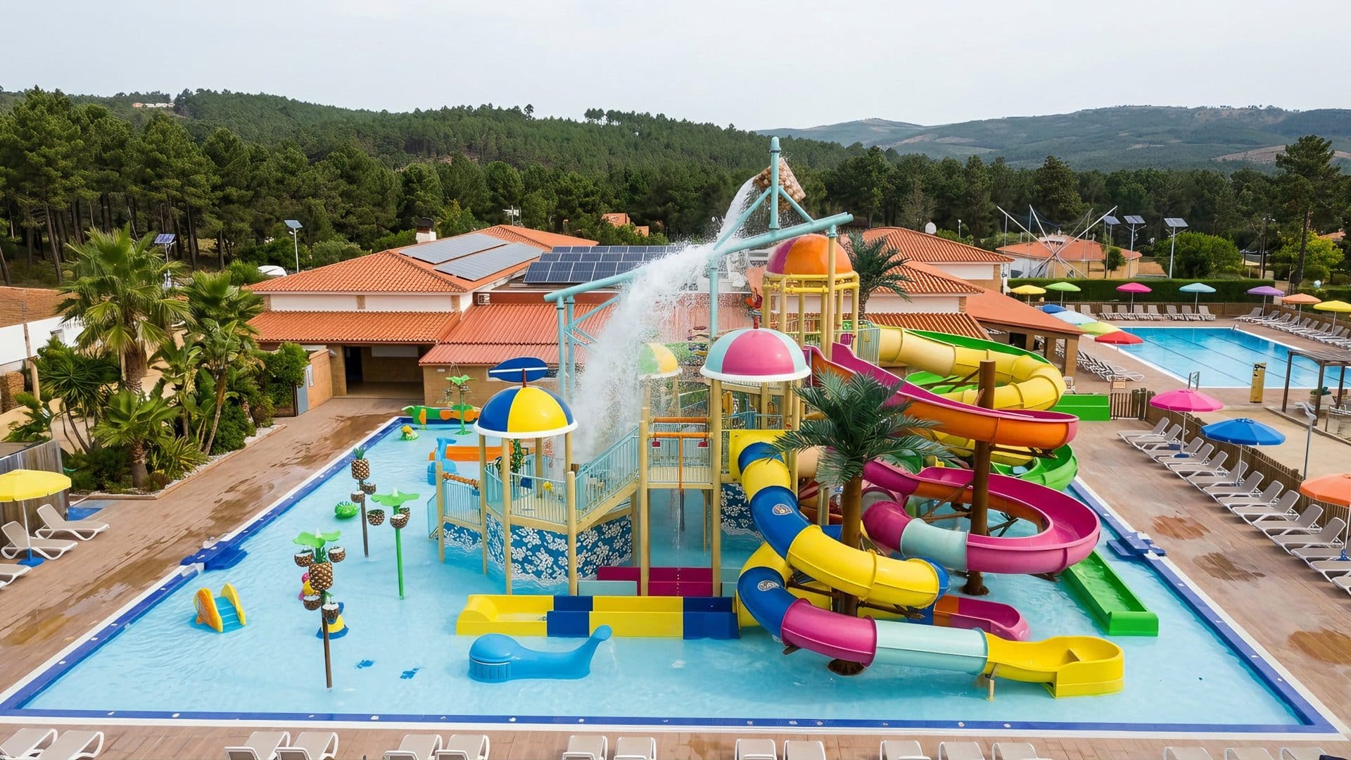 The children's water play structure of NaturWaterPark in Vila Real with coloured domes, a tipping bucket and curling slides in a shallow pool