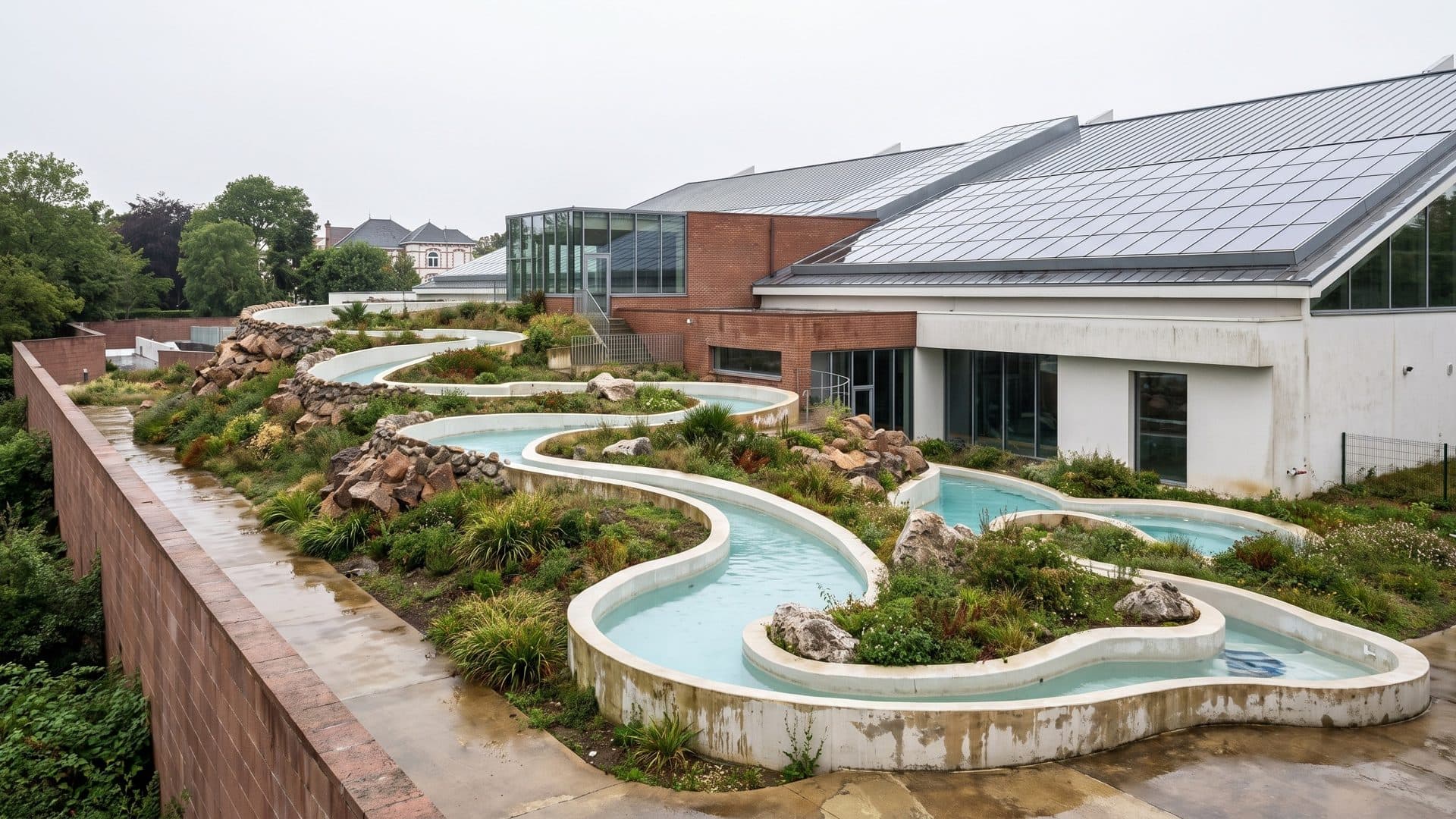 Winding outdoor lazy-river channel through rock planting, beside the brick and glass pool building