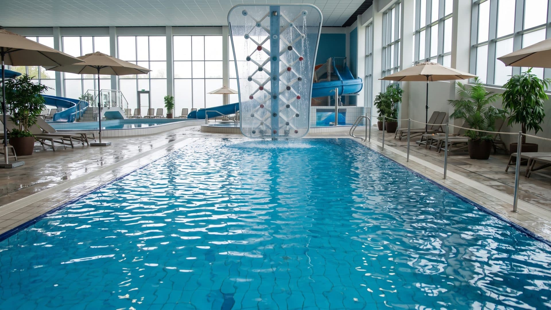 The indoor pool hall at Nautimo with a climbing tower at the water's edge, potted greenery around the deck and blue water below