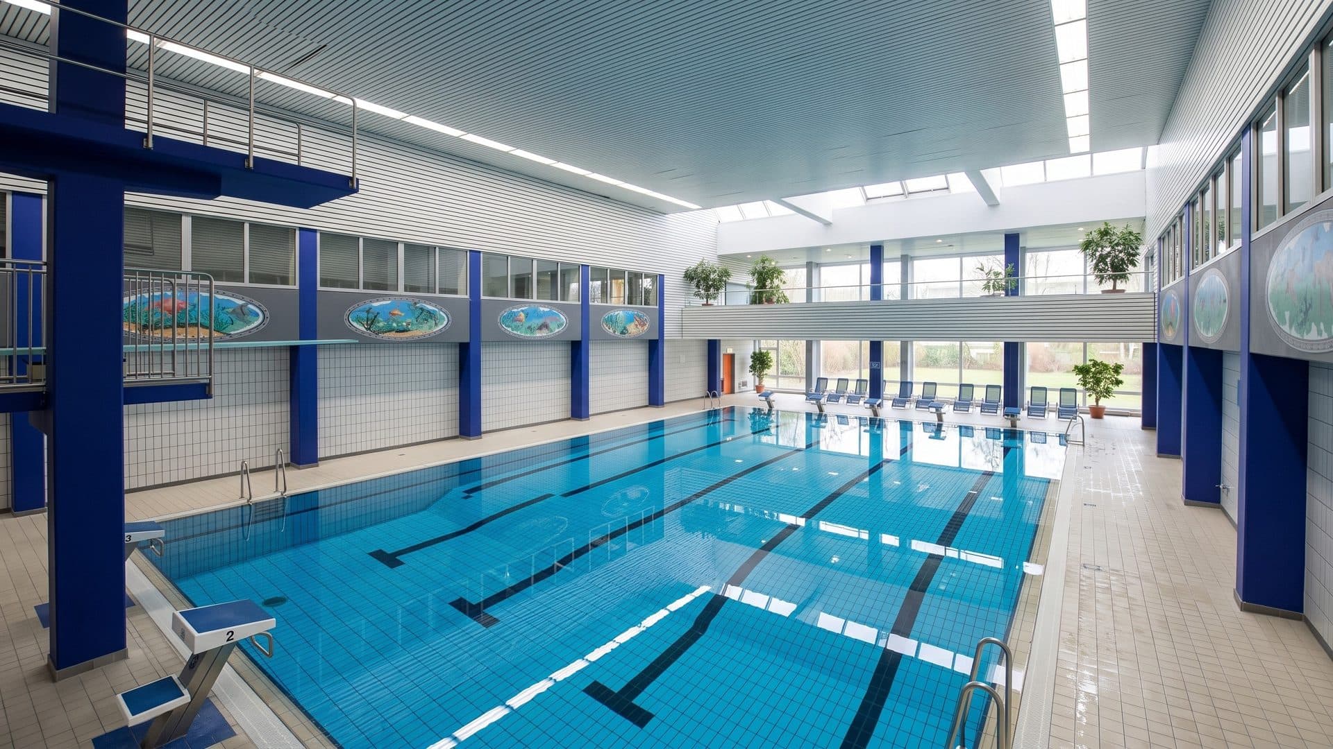 The lane pool of the Nizzabad in Velbert with a blue diving tower, blue pillars and round underwater murals along the wall