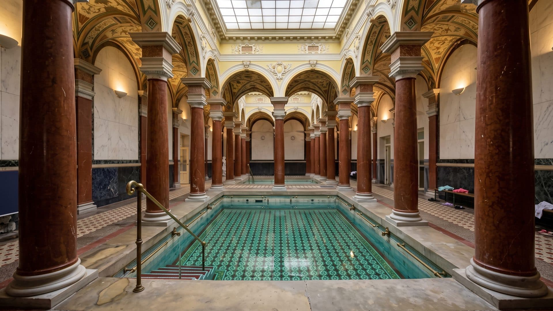 The Roman bath: a green-tiled pool set between polished marble columns under a painted vaulted ceiling.