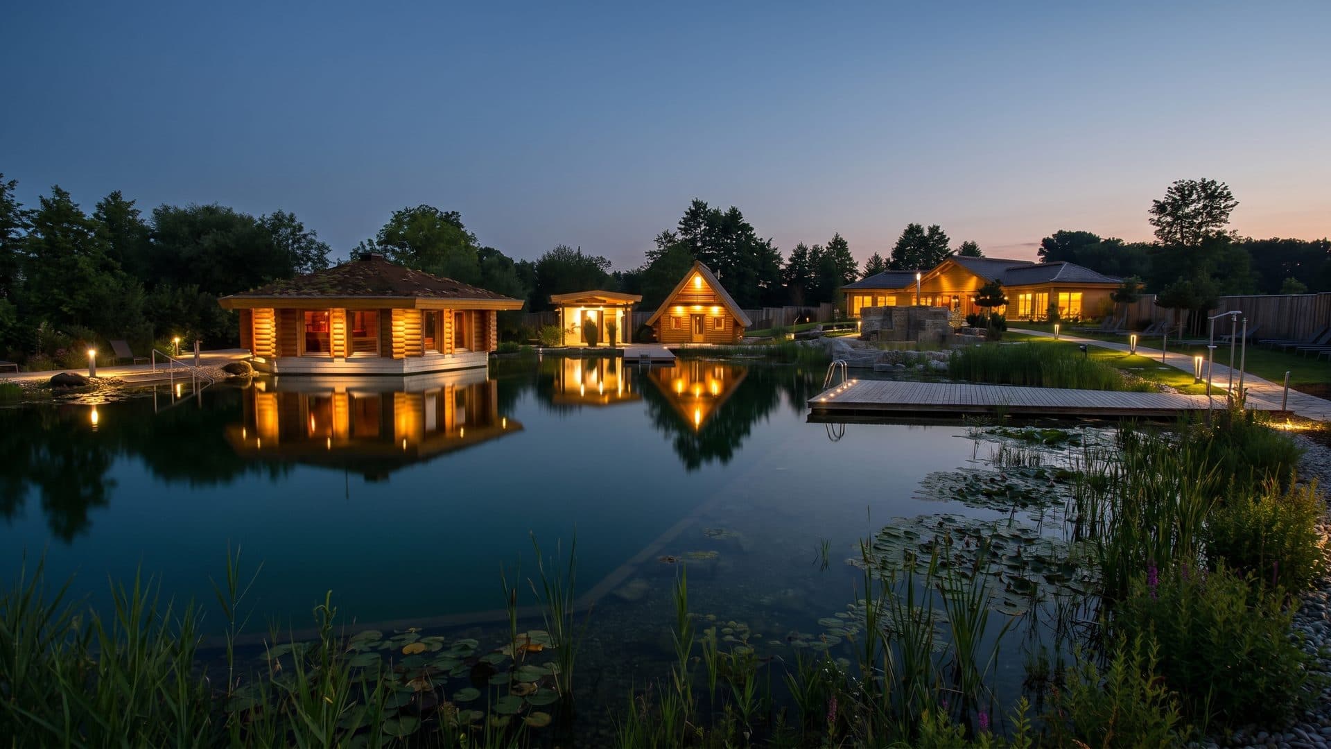 The natural bathing lake of the Obermain Therme at dusk, the lit timber cabins of the sauna grounds reflected across the still water between reeds