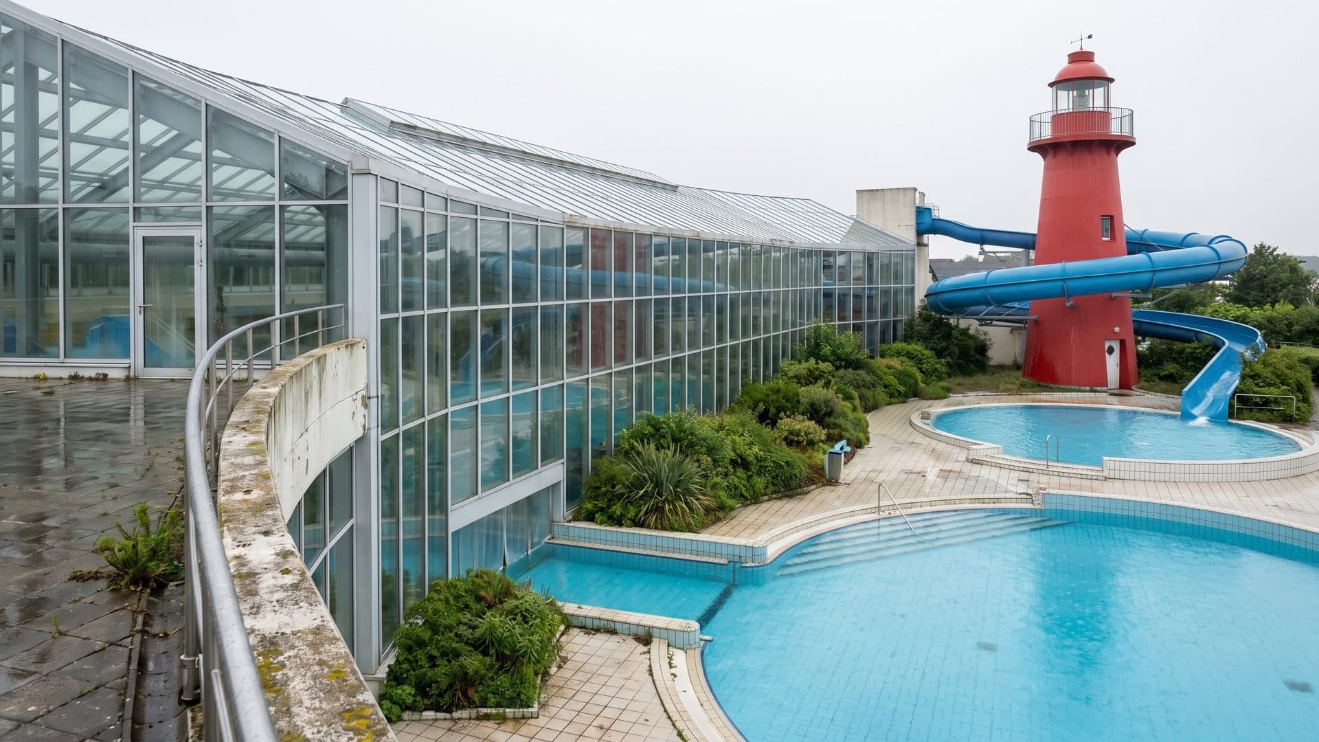 Outdoor pools beside the long glazed hall, with a red lighthouse slide tower and a blue slide