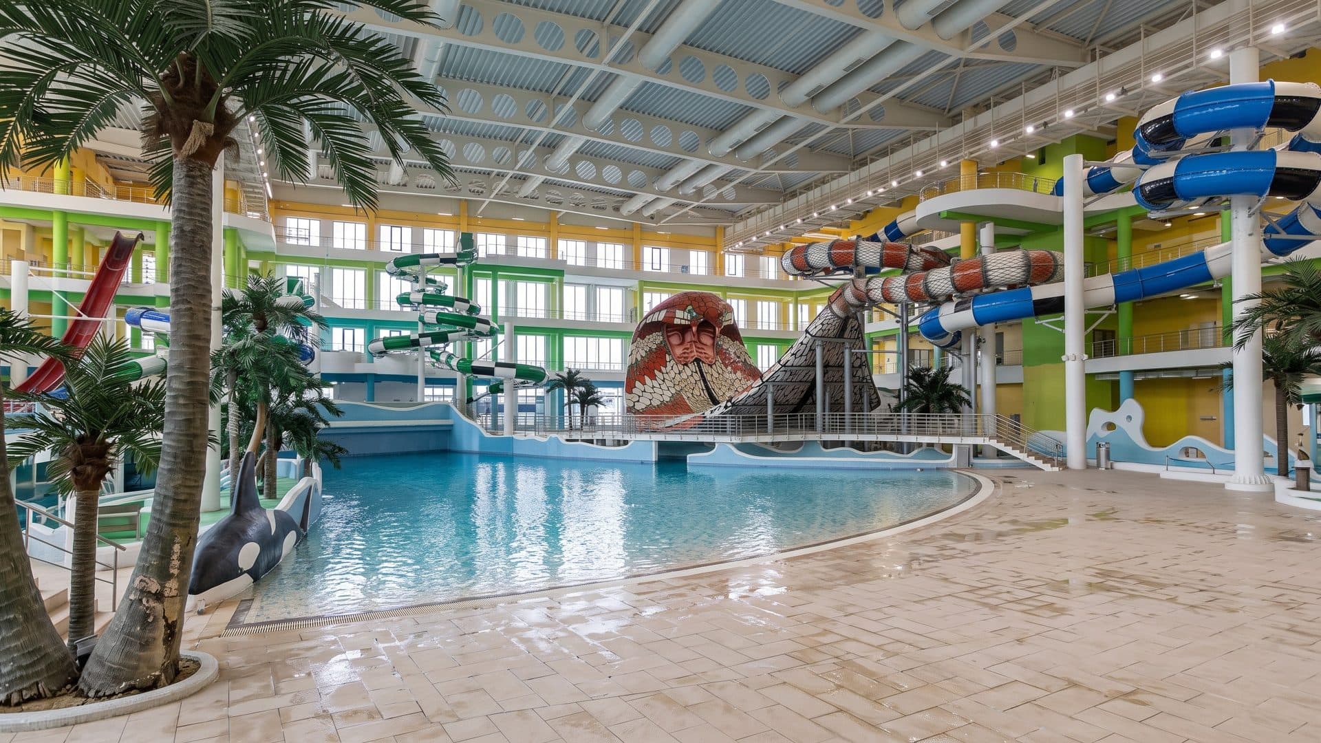 The indoor leisure pool of Okeanis in Nizhny Novgorod with palm trees, a slide tower and an octopus climbing frame
