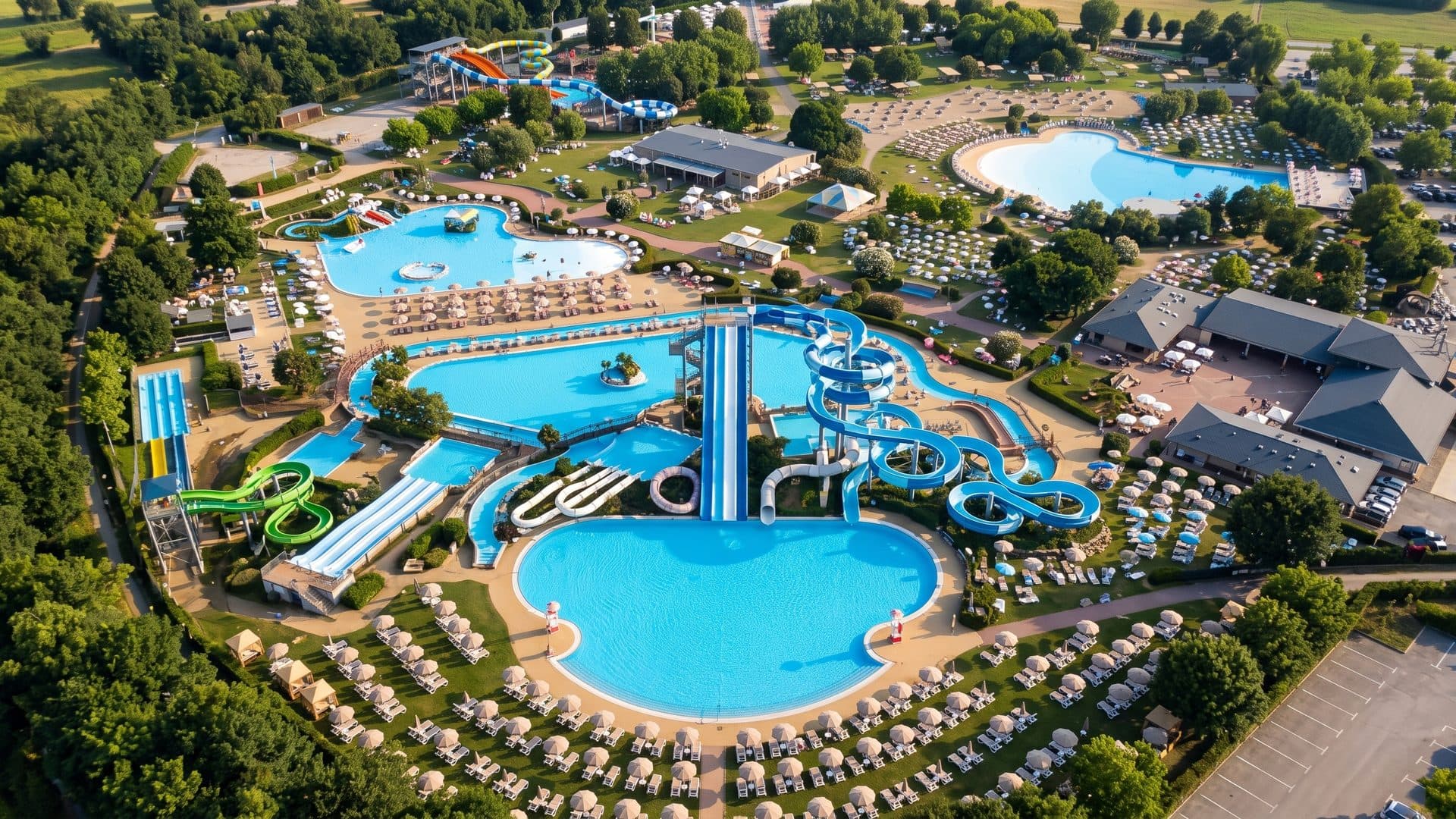 Ondaland from the air with its slides and pools among the lawns