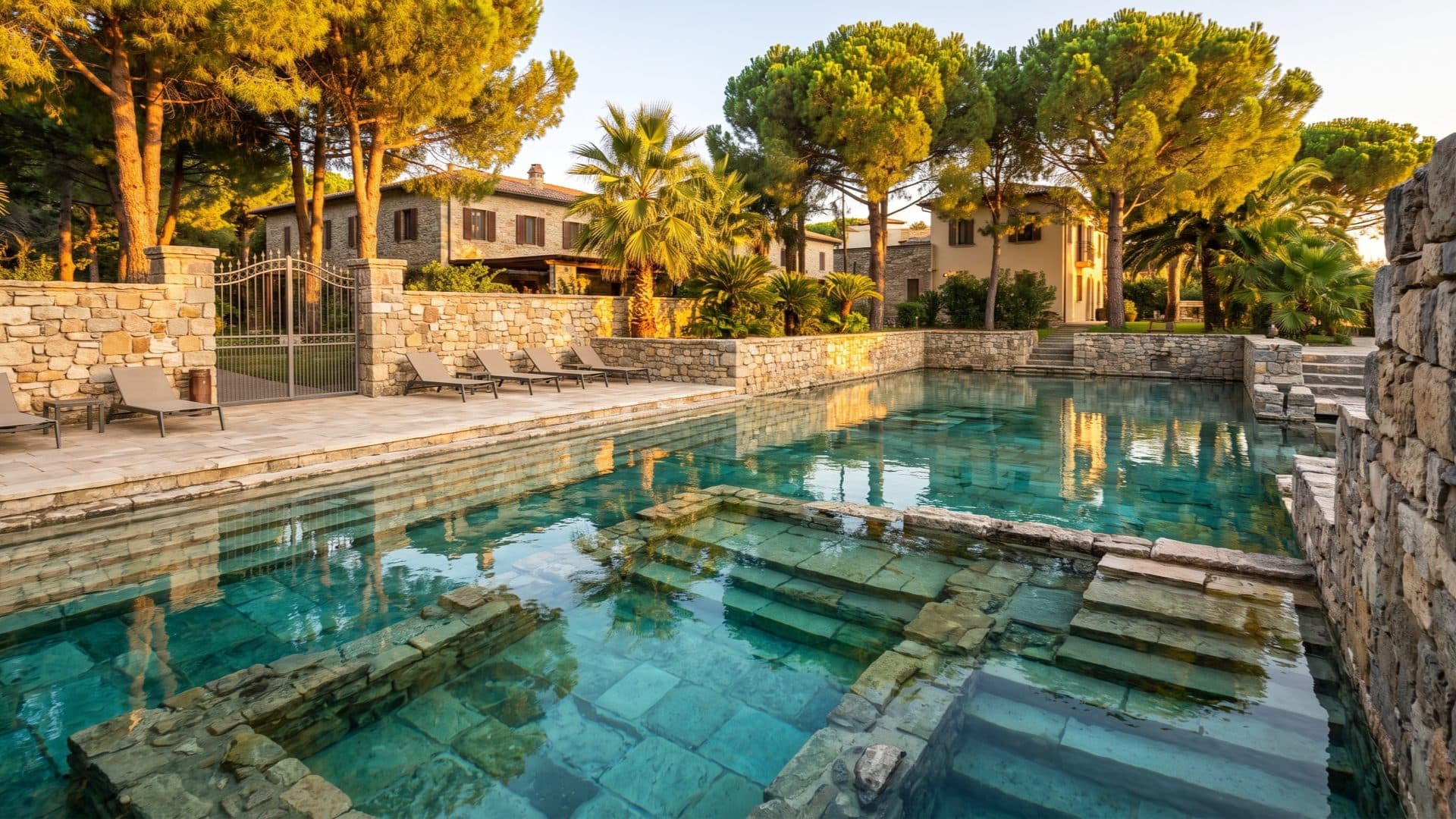Clear thermal pool with submerged fragments of ancient marble columns, edged in stone and framed by umbrella pines at golden hour.