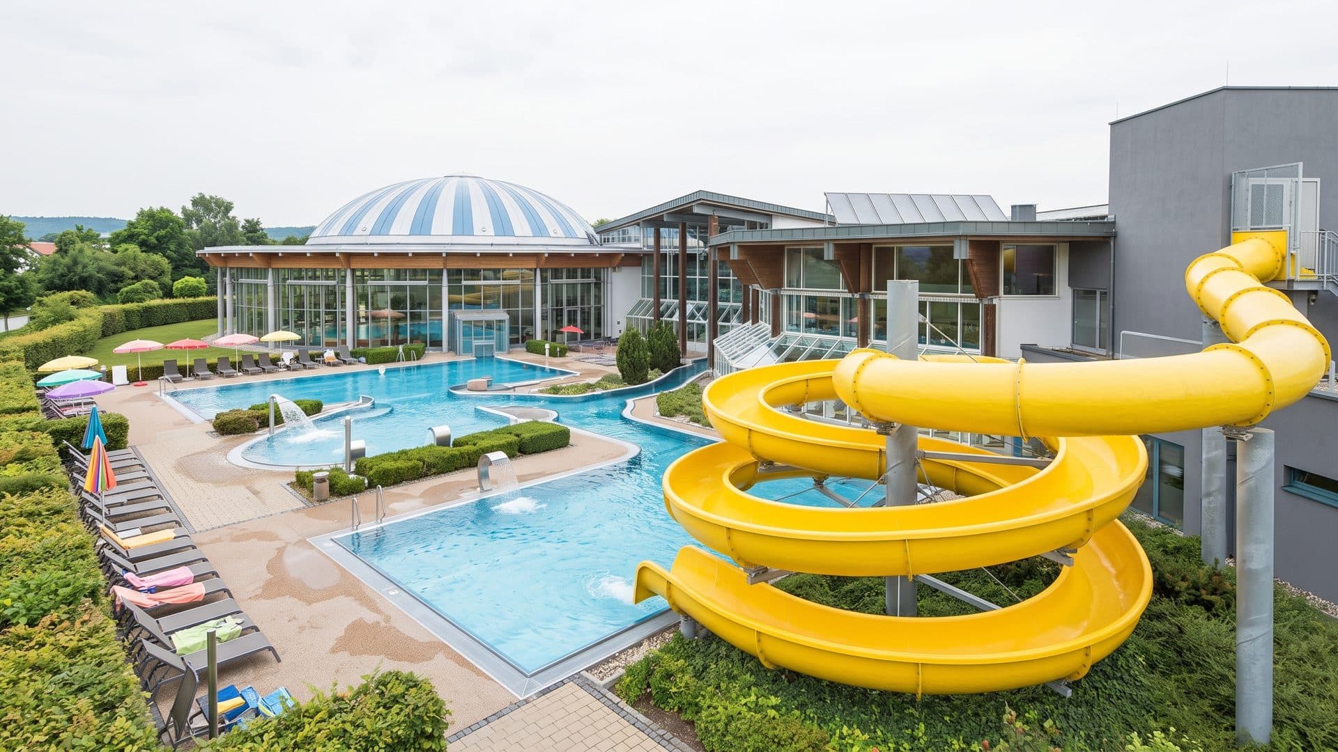 Outdoor pool beside the glass hall with its domed roof, the yellow slide coiling above the terrace.