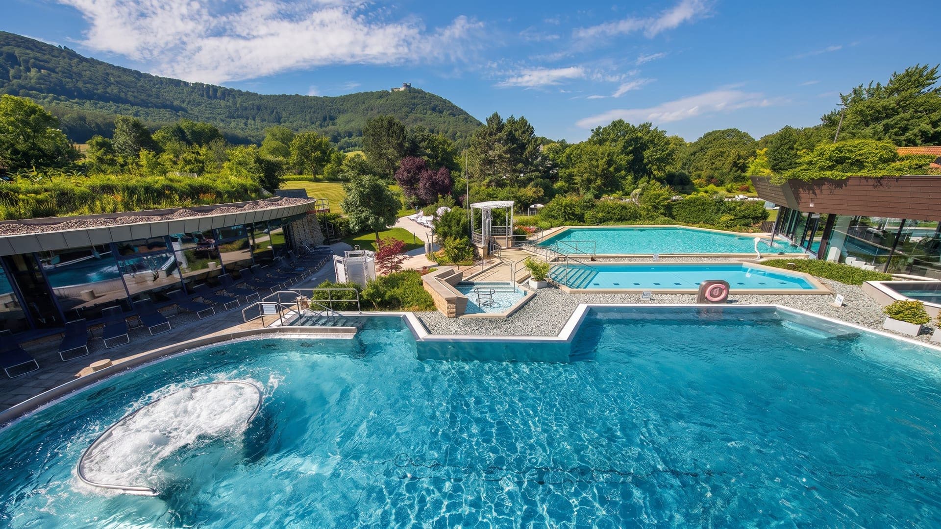 Outdoor pools on a terrace with wooded hills behind