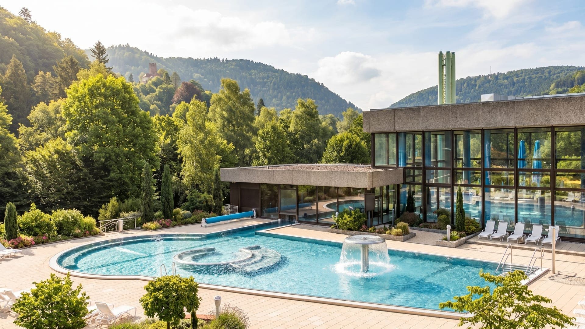 Steam over the outdoor pool at the Paracelsus Therme in Bad Liebenzell, with the wooded slopes of the Black Forest behind.