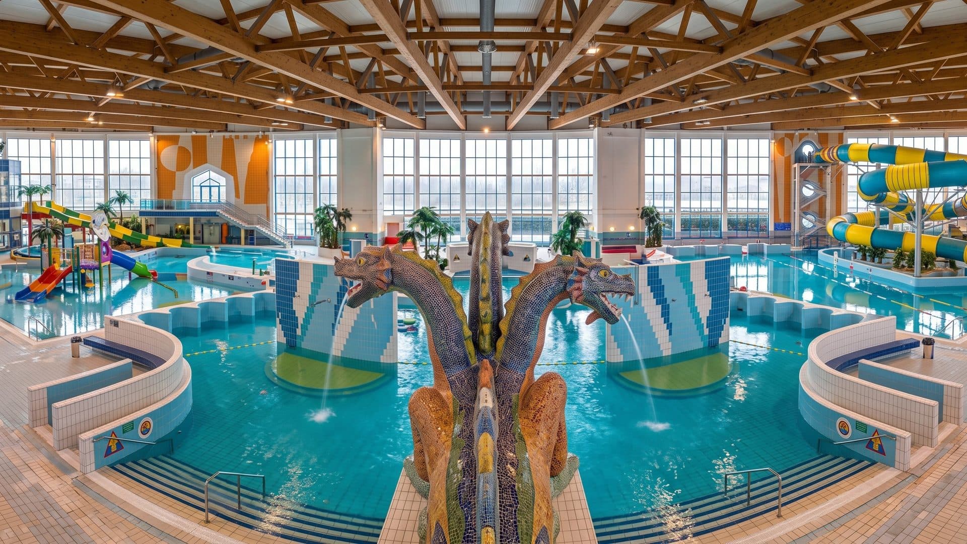 The indoor leisure pools of the Krakow water park with a dragon fountain and slides under a timber roof