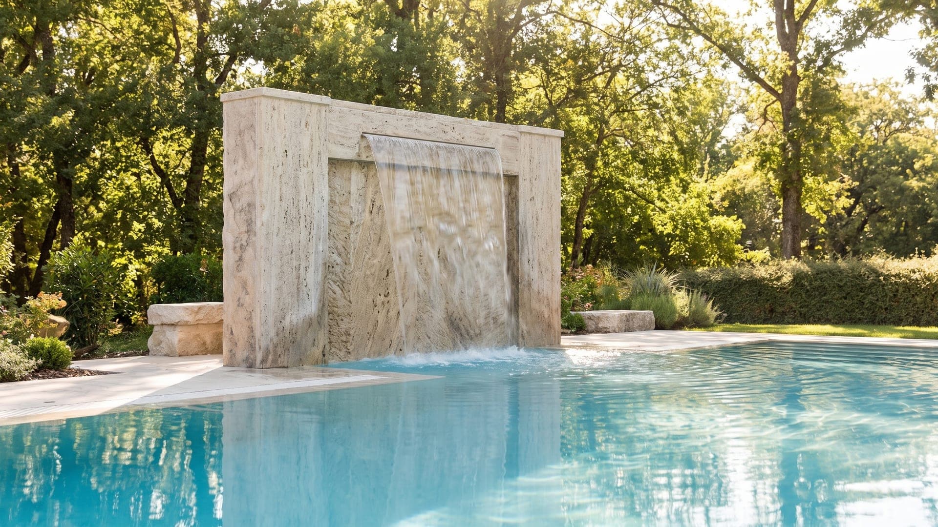 Outdoor pool fed by a stone waterfall wall among tall trees