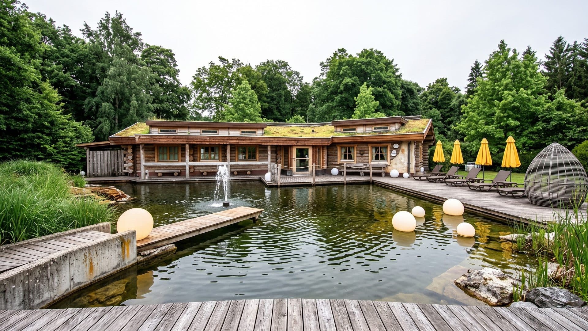 The natural swimming pond of the Phonix-Bad in Ottobrunn with a timber deck and a green-roofed log pavilion