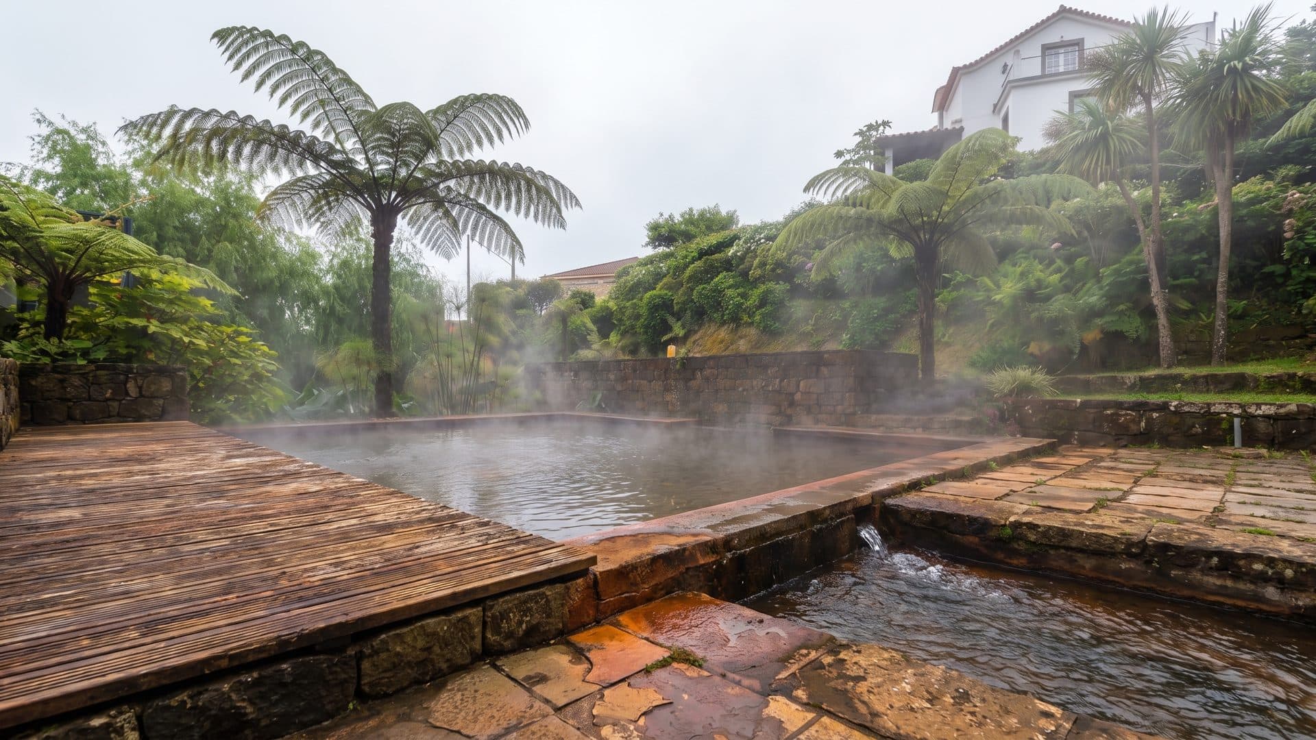 A stone-walled hot pool at Poca da Dona Beija steaming among tree ferns, the rock rimmed with orange iron staining