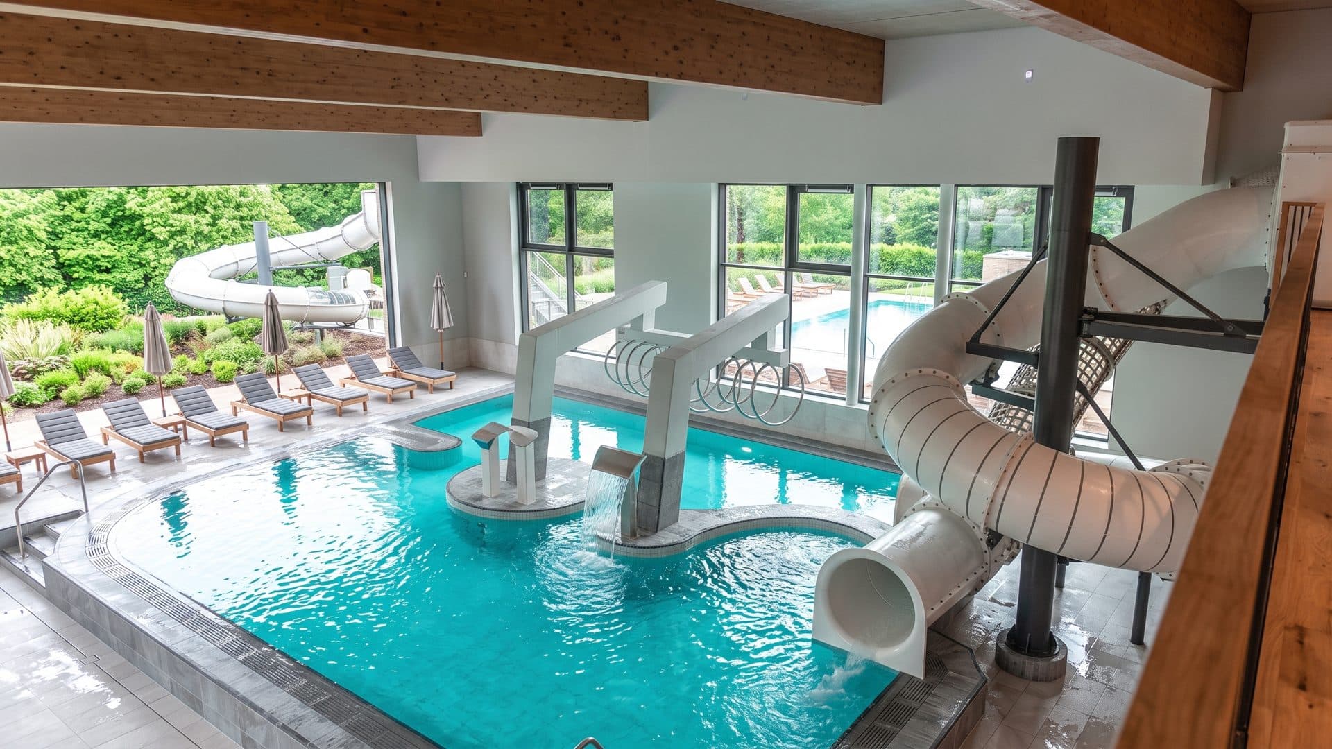 Indoor pool with a grey tube slide landing beside it and windows onto the garden.