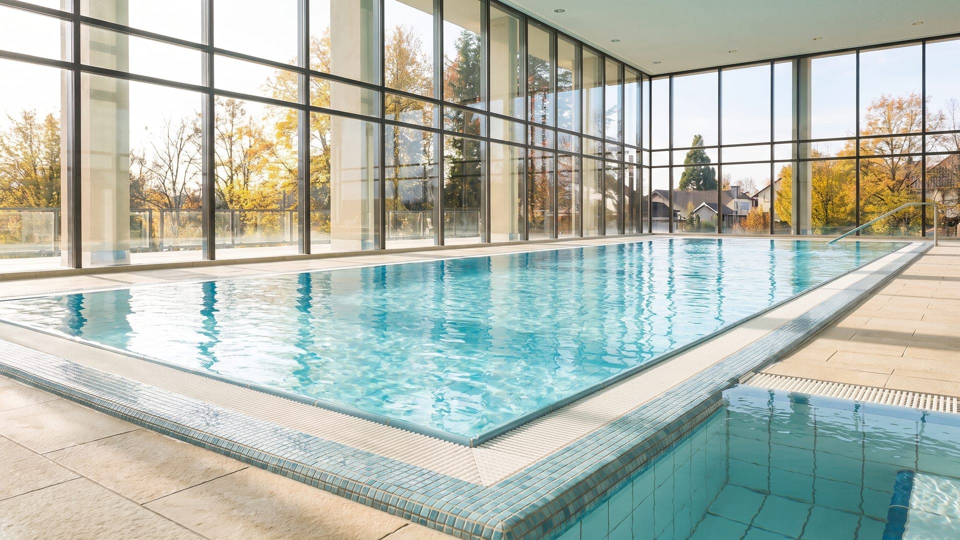 Indoor lane pool along a full-height glass wall onto autumn trees