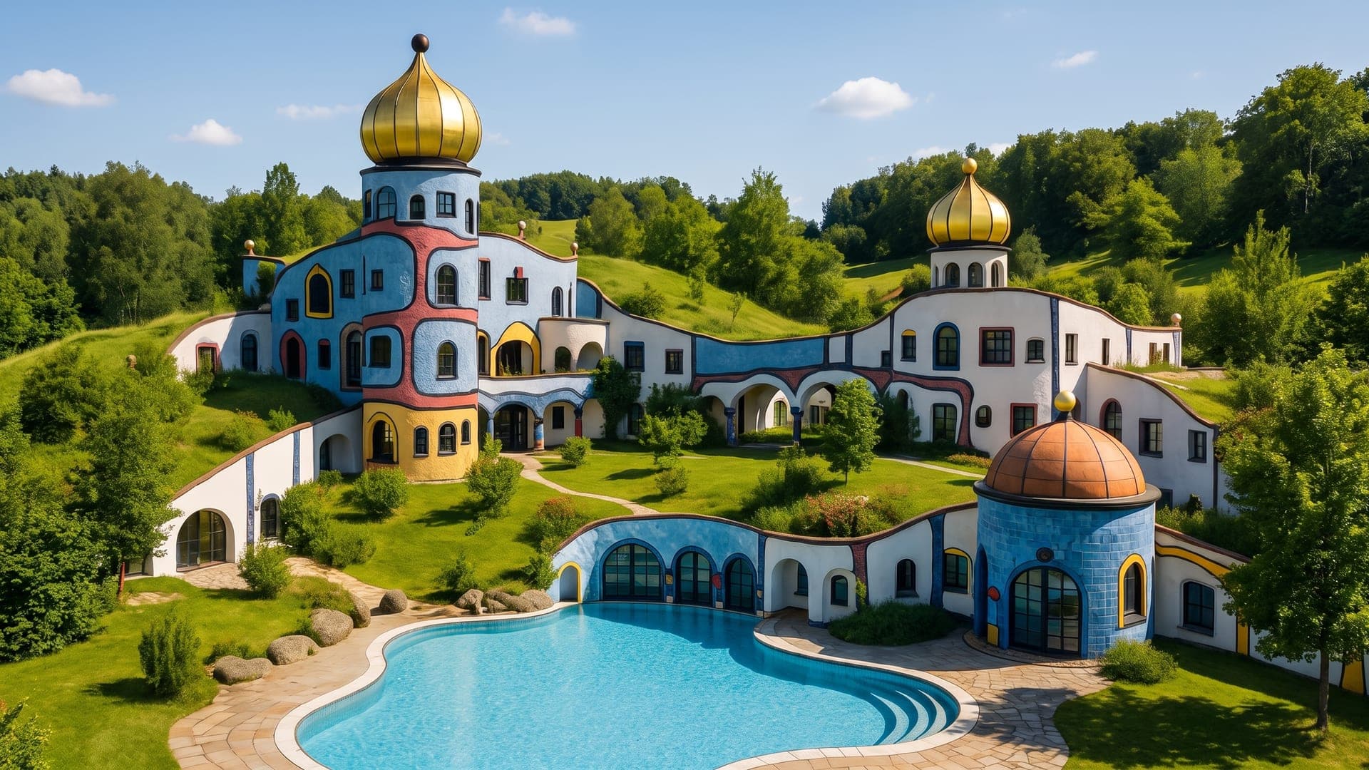 The Hundertwasser buildings of Rogner Bad Blumau, their golden onion domes above a curving outdoor thermal pool in the green Styrian hills.
